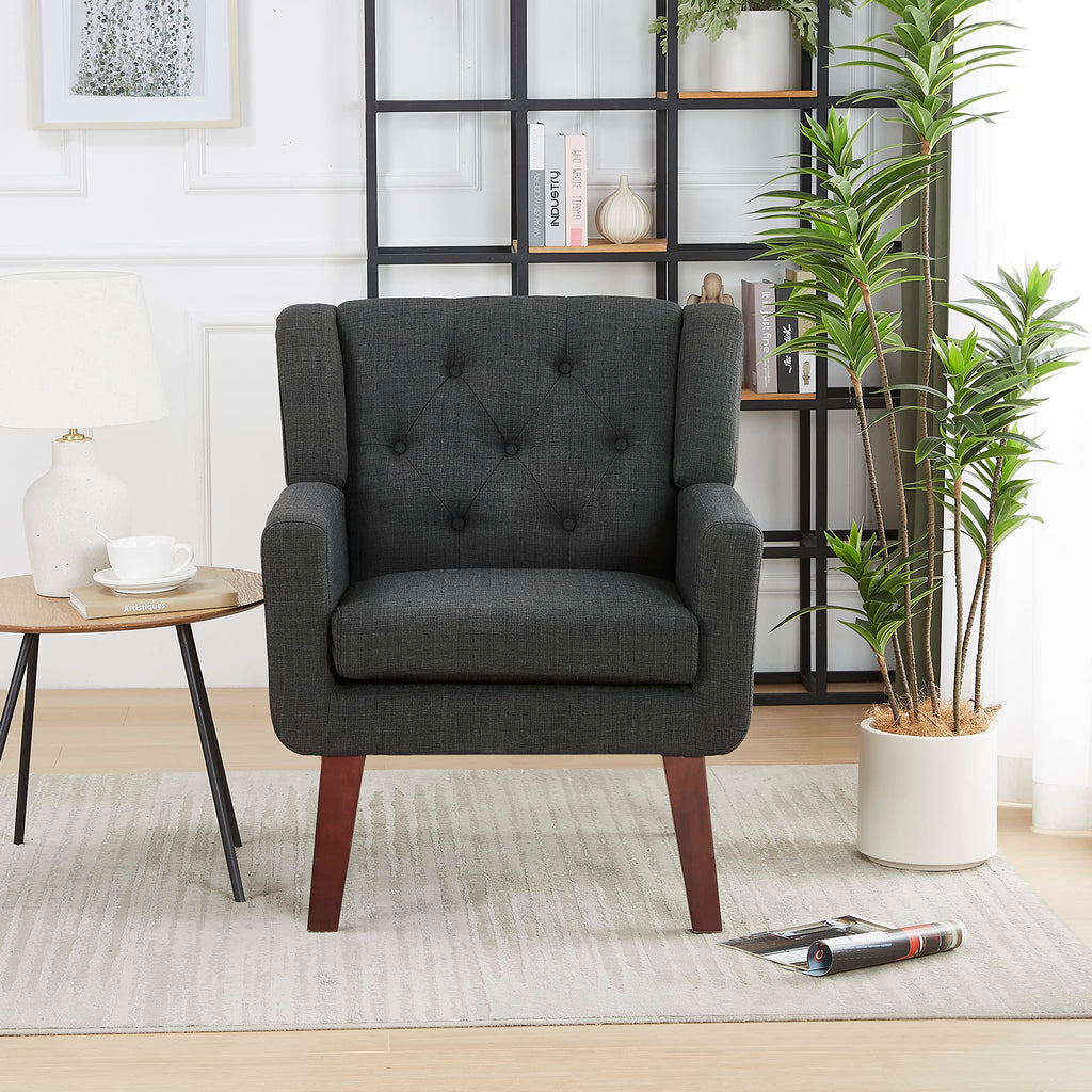 Living&Giving Accent Chair Button-Tufted Upholstered Living Room Chairs Comfy Reading Mid Century Modern with Linen Fabric Lounge Arm for Bedroom (Beige) 29.33D x 28.94W x 34.65H Inch