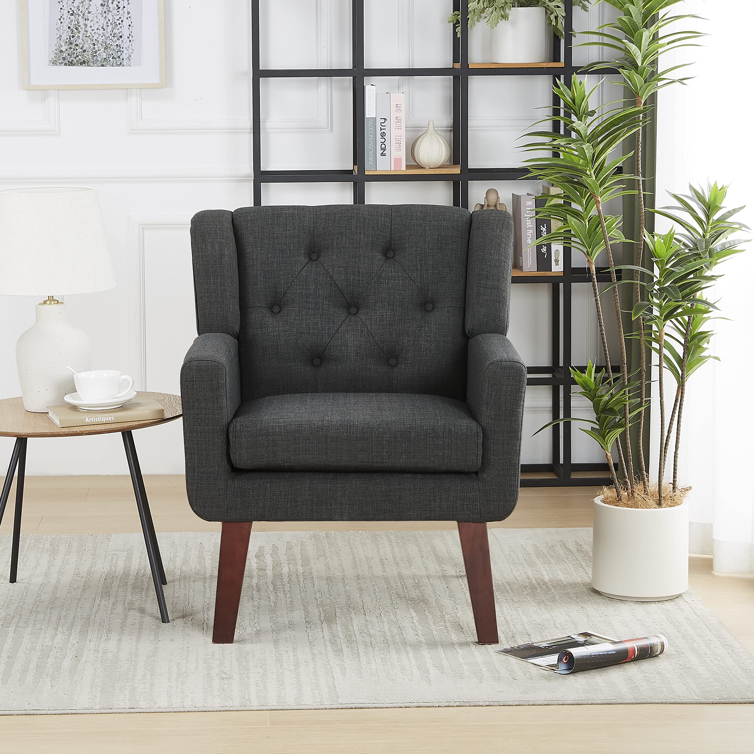 Living&Giving Accent Chair Button-Tufted Upholstered Living Room Chairs Comfy Reading Mid Century Modern with Linen Fabric Lounge Arm for Bedroom (Beige) 29.33D x 28.94W x 34.65H Inch