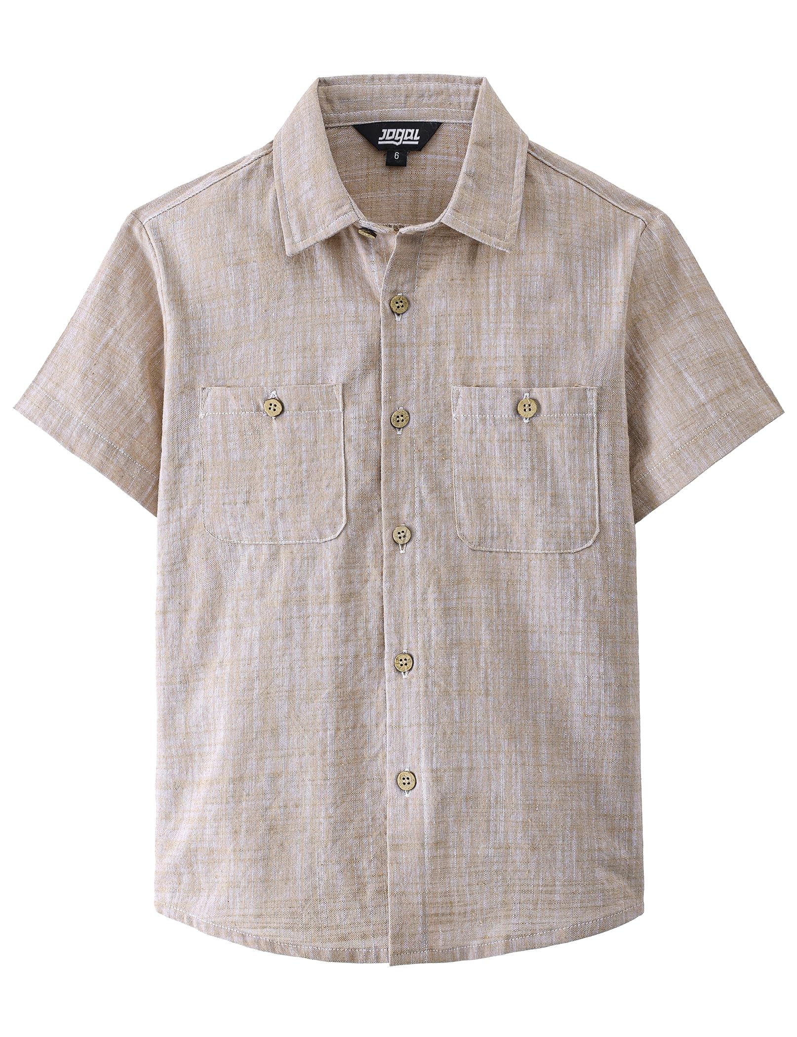 JOGAL Boys Chambray Shirts Short Sleeve Button Down Casual Cotton Woven Shirt with Two Pockets for Kids 6-14 Years