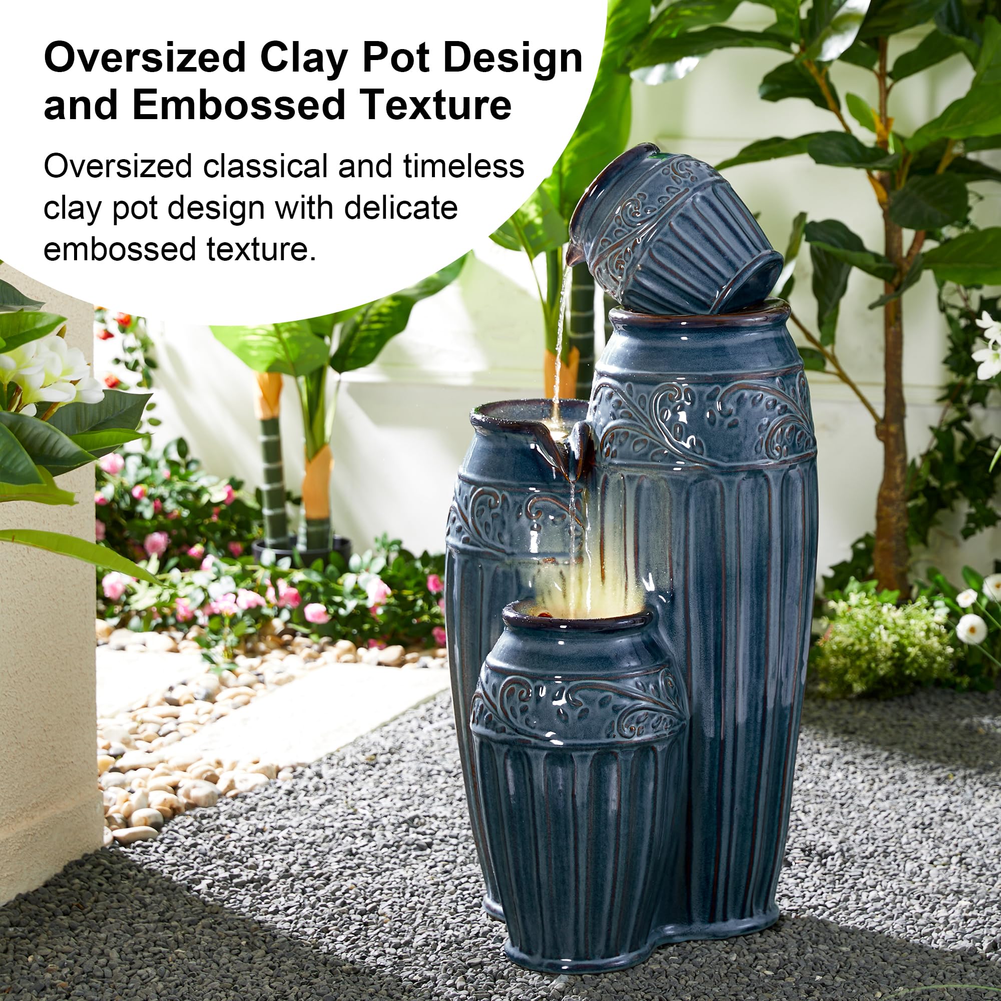 Glitzhome 27.25" H Outdoor Garden Water Fountain with LED Lights and Pump, 4 Tier Cobalt Blue Embossed Pattern Ceramic Pots Cascading Floor Standing Fountain for Porch Deck Patio Backyard Decoration