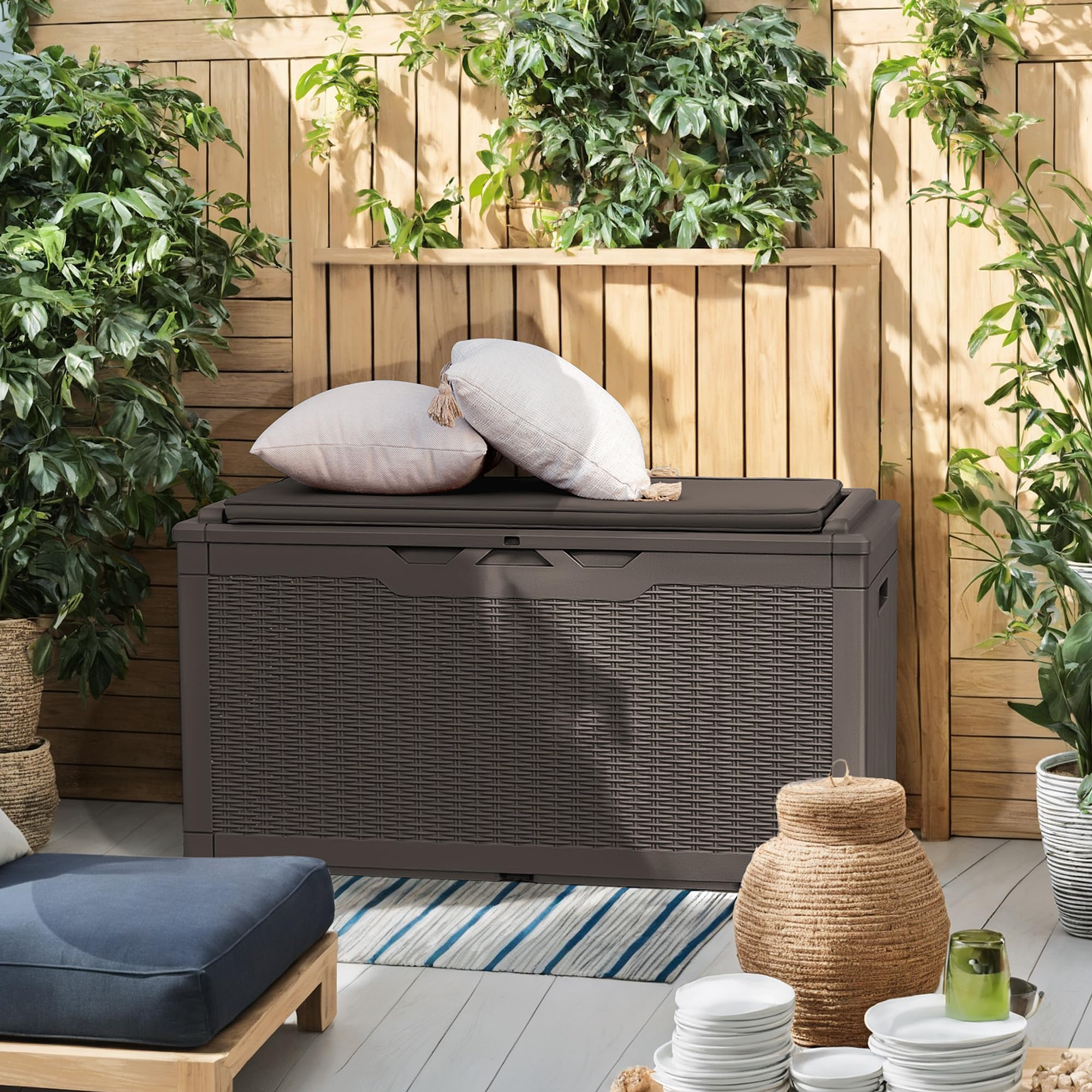 Flamaker Deck Box 30 Gallon, Waterproof Resin Small Storage Box with Lid, Outdoor Patio Furniture Cushion Garden Tool Organizer, Lockable Package Delivery Box for Porch Balcony (Black)