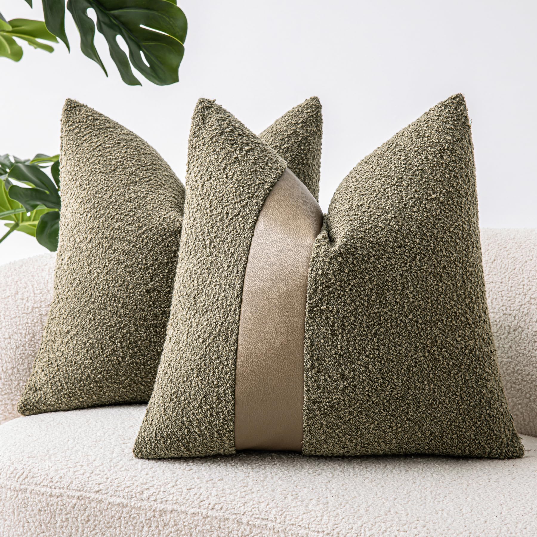 18"x18" Charcoal Black Boucle Throw Pillow Covers with Faux Leather Accents Set of 2 Fluffy Textured Decorative Pillow Cases for Couch Bed Boho Farmhouse Square Cushion Covers for Nordic Home