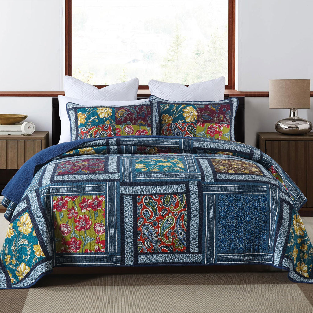 Secgo Twin Comforter Set for Bed - 100% Cotton Quilts Twin Size, Black Bedspreads with 2 Pillow Shams, Patchwork Reversible Lightweight Bedding