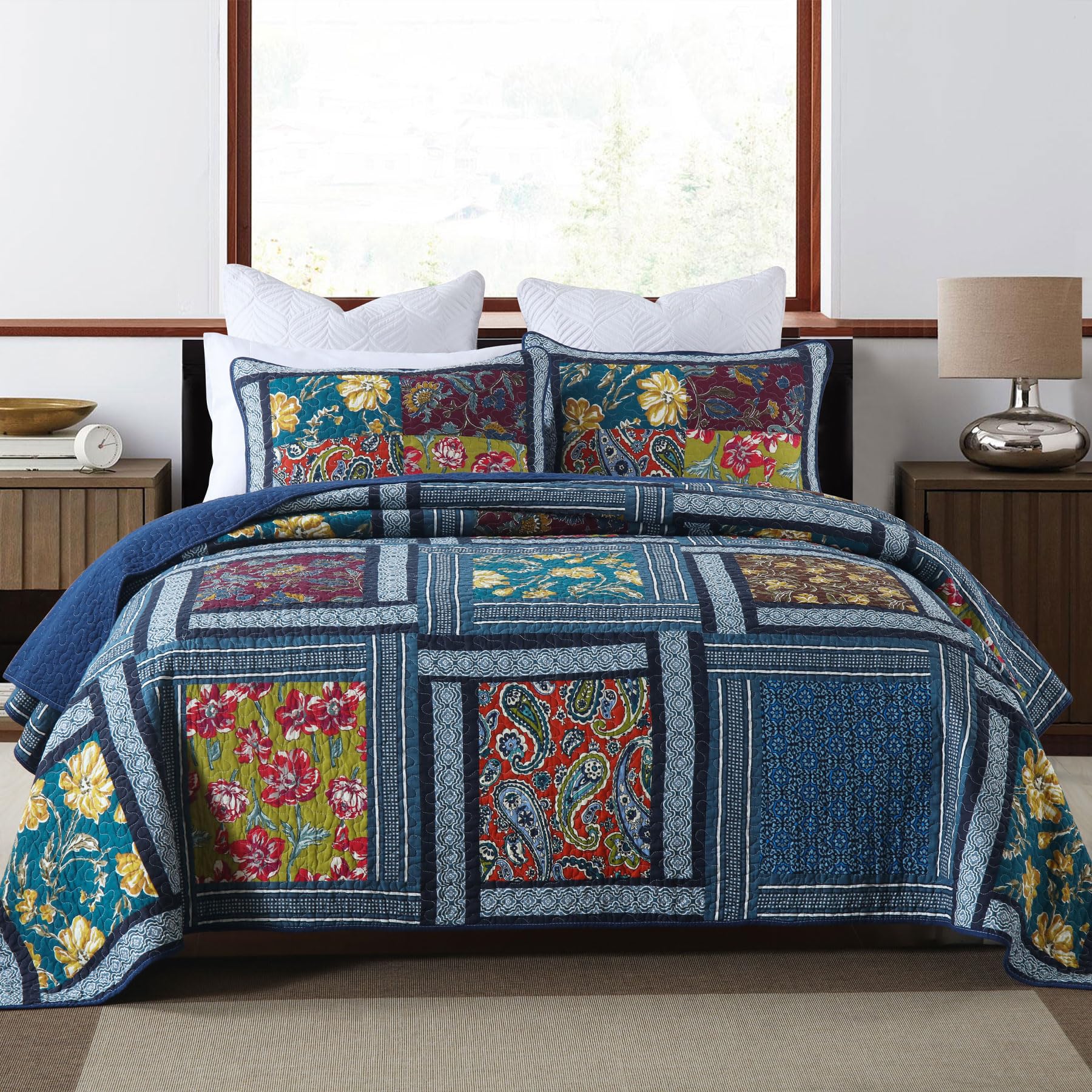 Secgo Twin Comforter Set for Bed - 100% Cotton Quilts Twin Size, Black Bedspreads with 2 Pillow Shams, Patchwork Reversible Lightweight Bedding