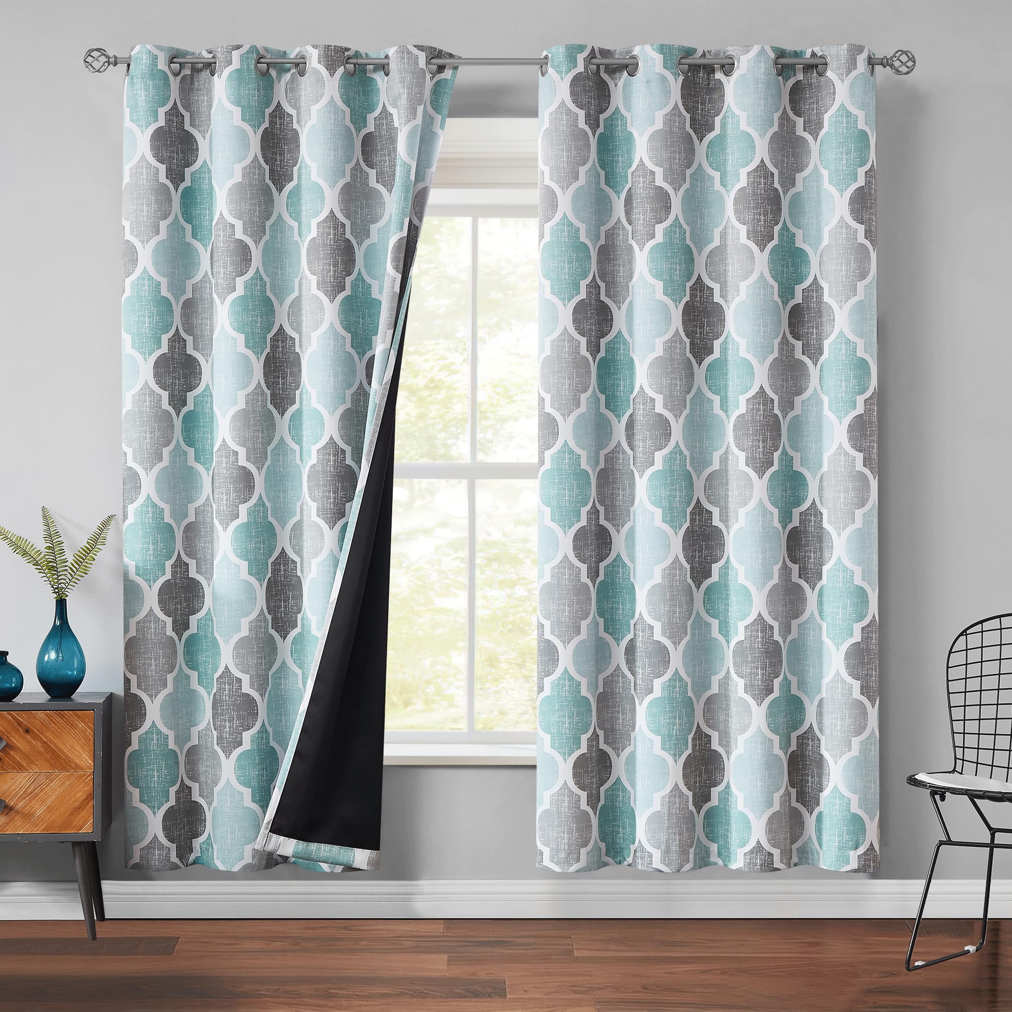 Beauoop 100% Blackout Curtains 45 Inches Long 2 Panels for Bedroom Living Room Aqua Grey Moroccan Geo Room Darkening Thermal Insulated Soundproof Grommet Top Window Treatments Drapes, 50x45 Set of 2