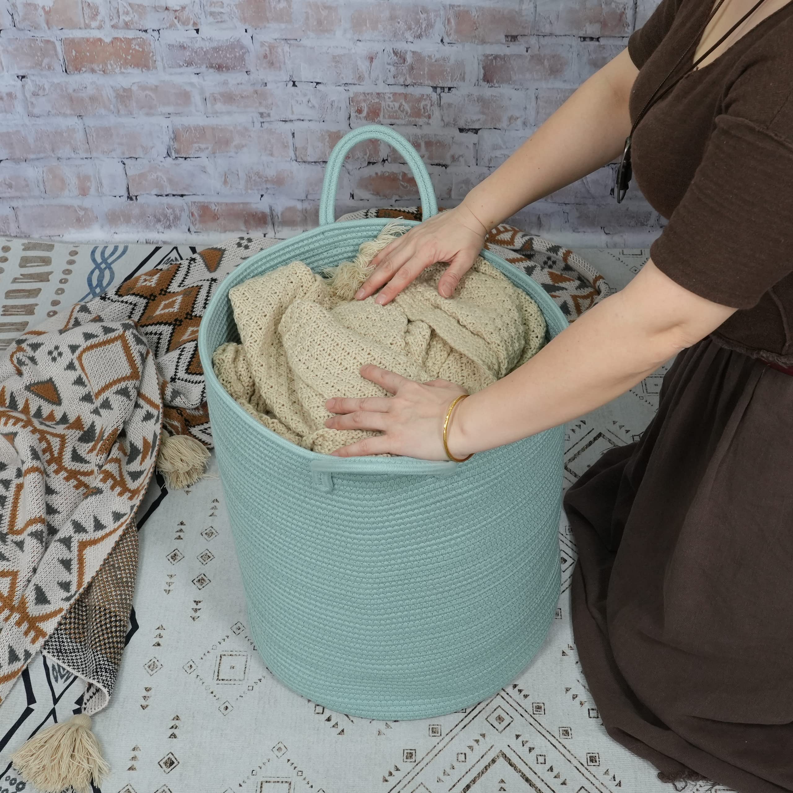 XUANGUO Black Cotton Rope Laundry Basket Hamper for Clothes Woven Storage Basket for Living Room Bedroom Boho Tall Rope Baskets for Blanket Toys Pillow Towels Baby Nursery Hamper Bin Large