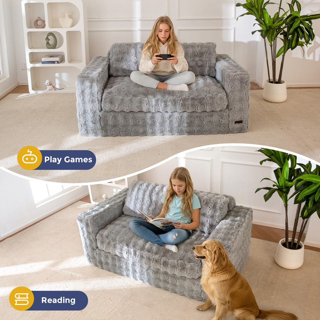 MAXYOYO 3 Seater Sofa Couch for Living Room, Tufted Boneless Couch Sofa Couch, Comfy Bubbled Bean Bag Chair for Apartment, No Assembly Needed, Beige