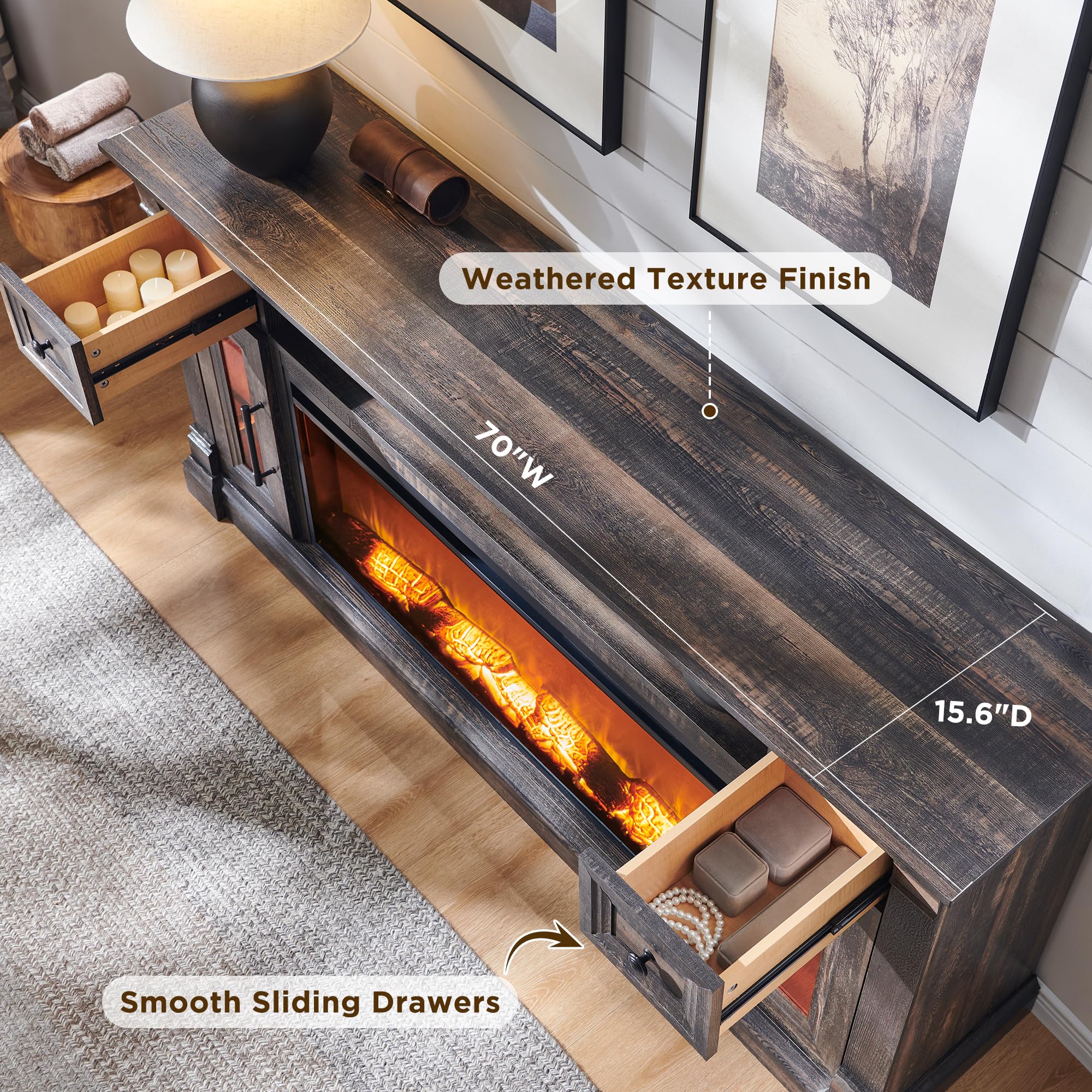 OKD Fireplace TV Stand for 80 Inch TV - Farmhouse Entertainment Center with 42" Electric Fireplace & LED Lights, Wood Media Console with Storage Drawers & Cabinets for Living Room, Antique White