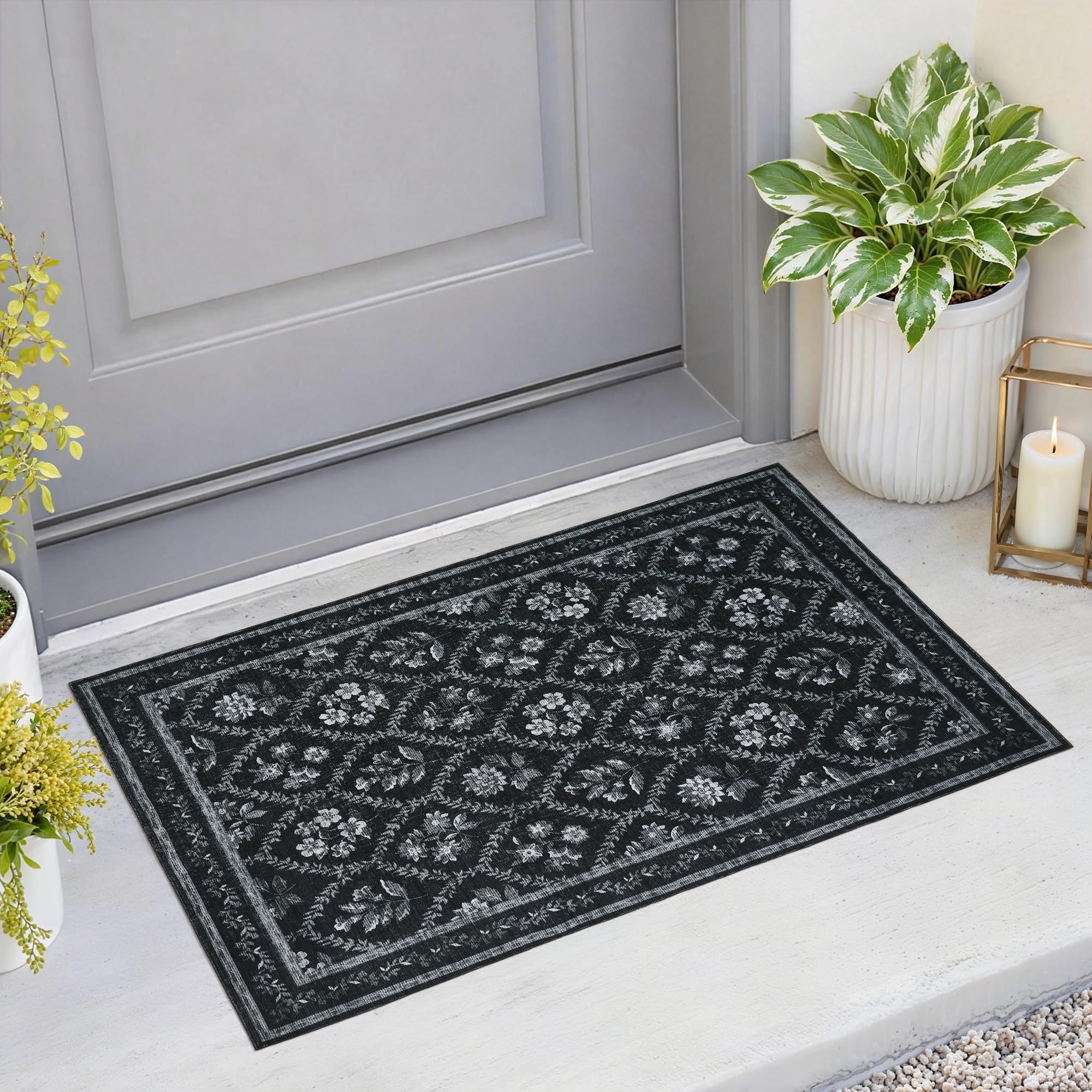 Black Floral Area Rug for Entryway 2x3 Washable Small Rug Low Pile Non Slip Distressed Entry Mat Soft Farmhouse Indoor Entrance Door Mat for Kitchen Bedroom Home Office Black Grey and White