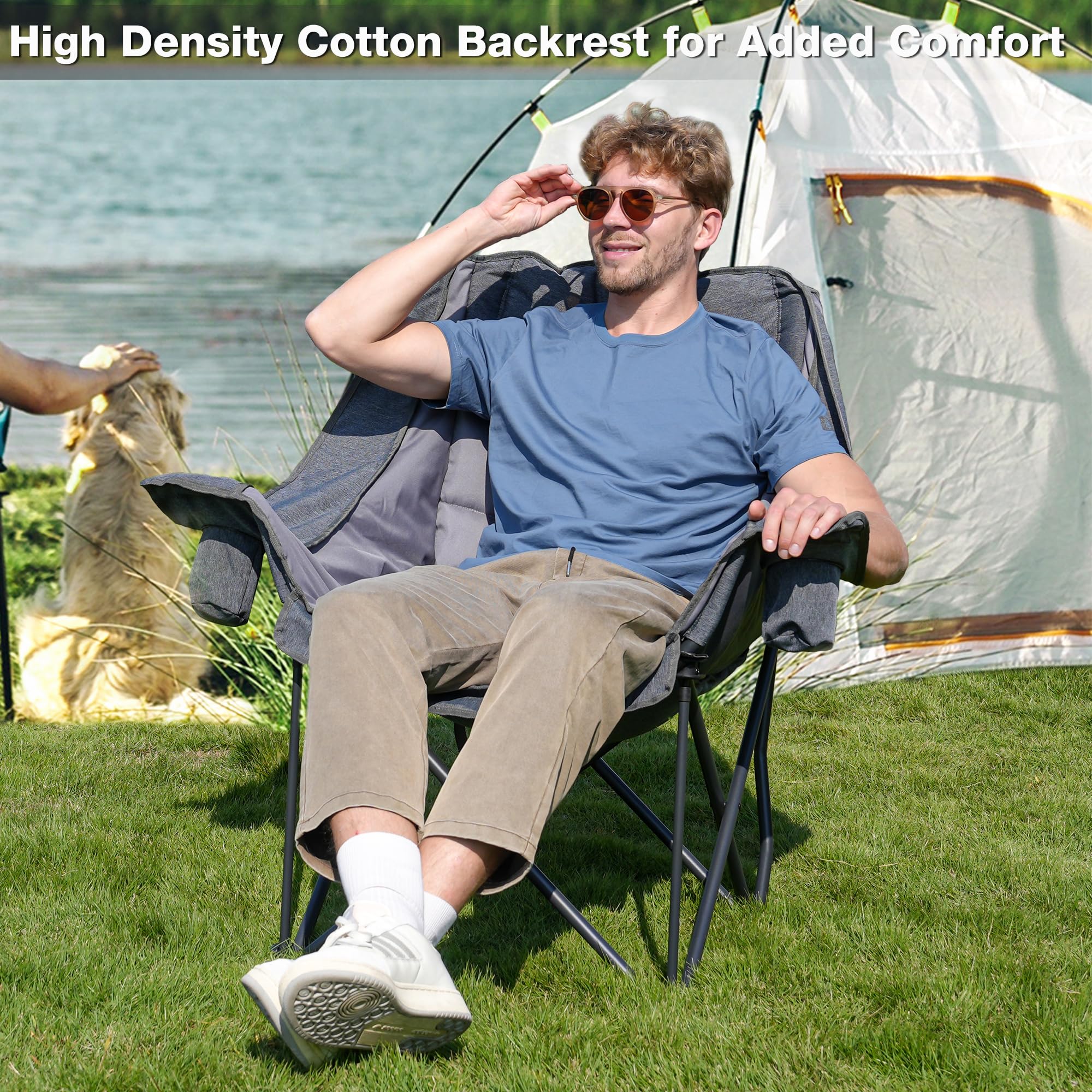 Double Camping Chair Heavy Duty Oversized Padded Loveseat for Adults 2 Person Outdoor Portable Camping Chairs for Lawn, Backyard, Fishing, Trip, Support 600lbs, Grey