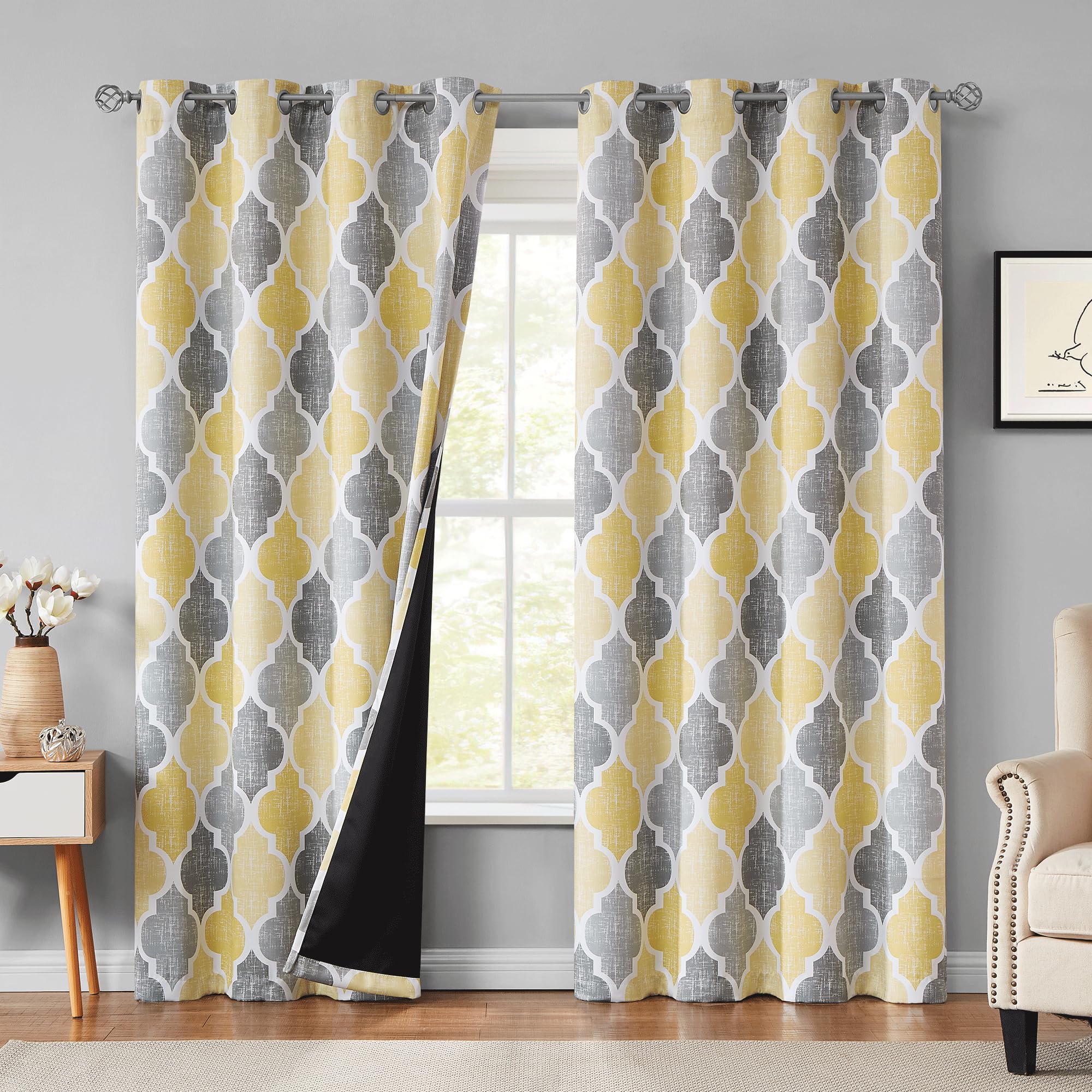 Beauoop 100% Blackout Curtains 45 Inches Long 2 Panels for Bedroom Living Room Aqua Grey Moroccan Geo Room Darkening Thermal Insulated Soundproof Grommet Top Window Treatments Drapes, 50x45 Set of 2