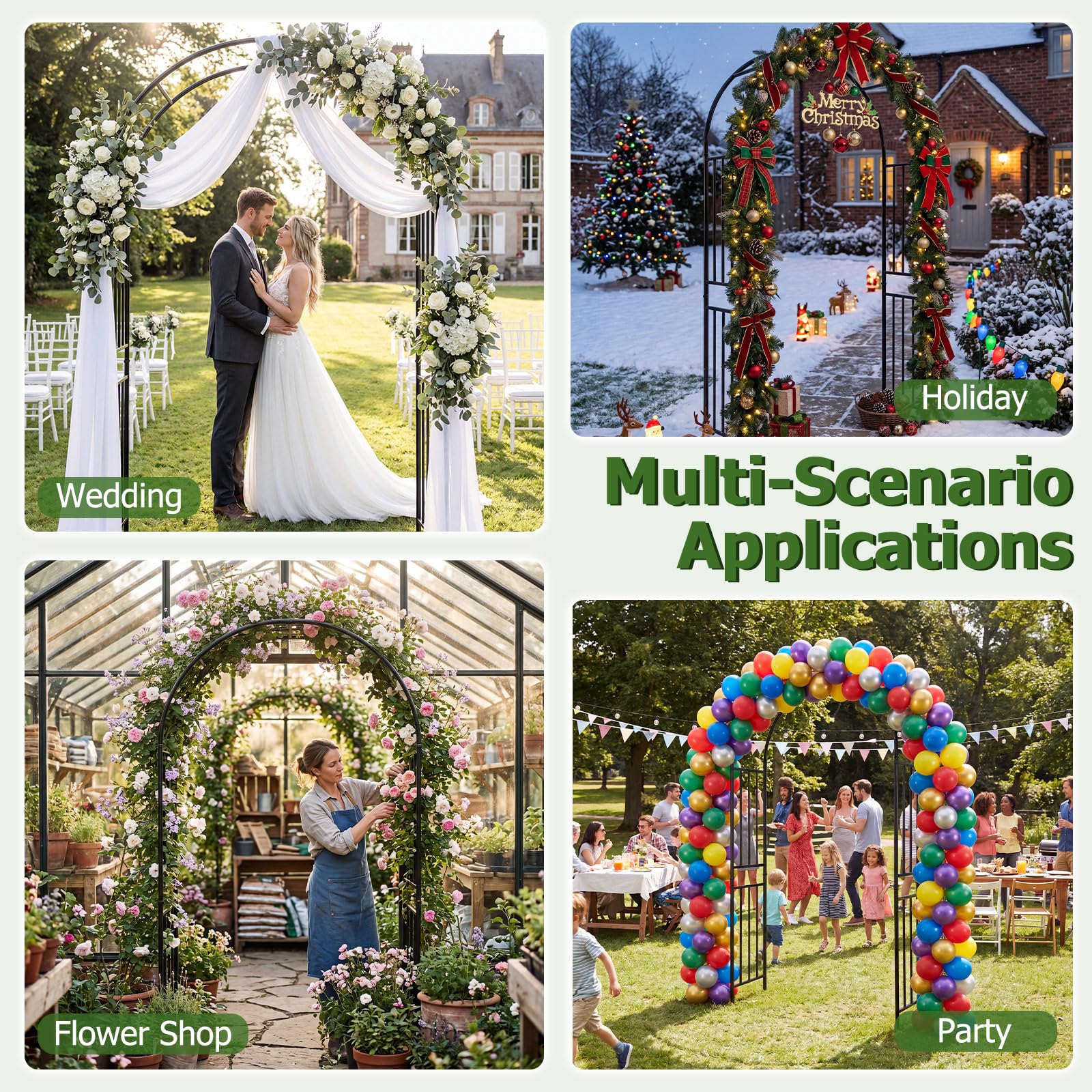 LDAILY Moccha Garden Arch Arbor Trellis, 7.2Ft Outdoor Steel Arbor with Stakes, Metal Archway for Climbing Plants, Wide Sturdy Garden Arch for Lawn, Party, Ceremony Wedding Decoration, Black (1 Piece)