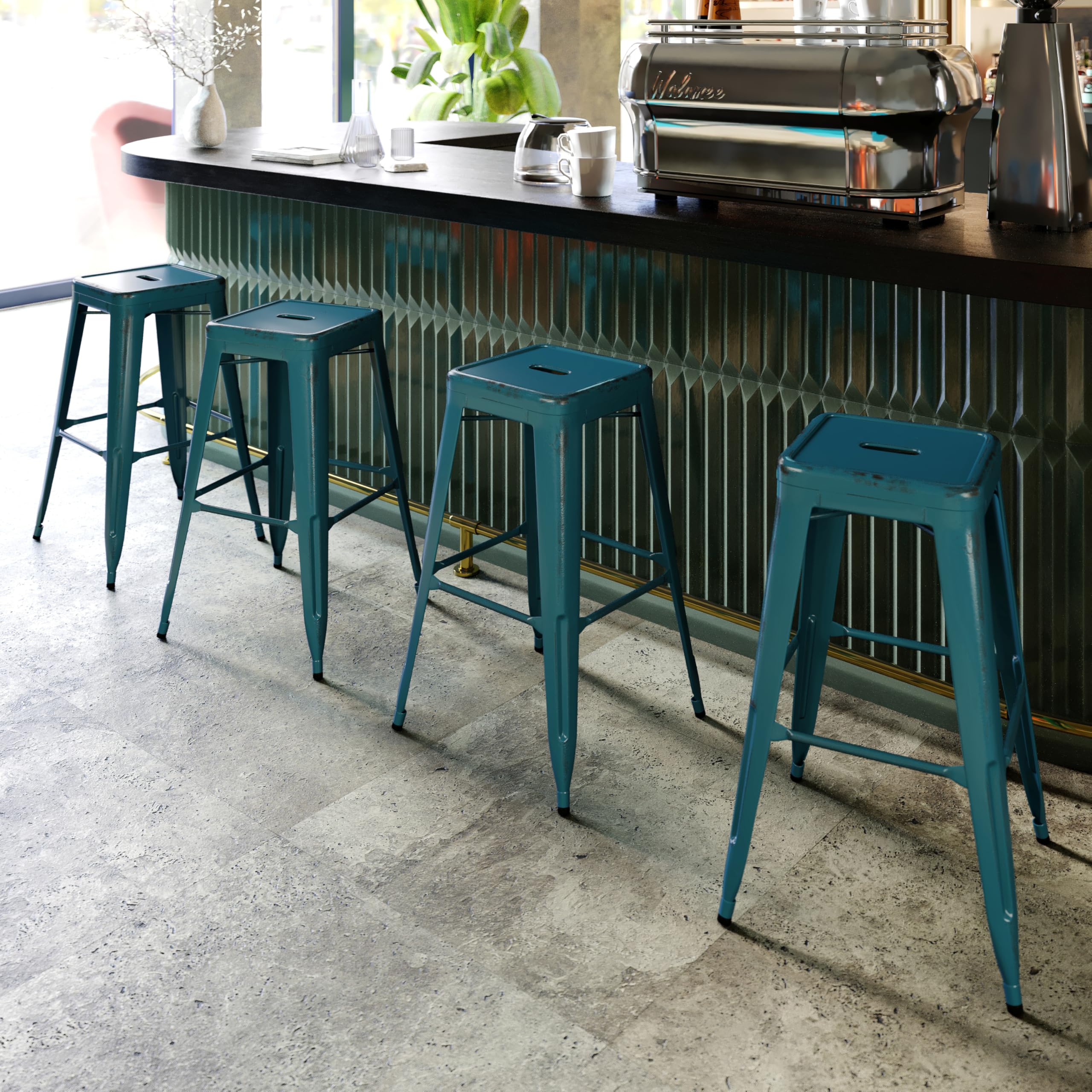 Flash Furniture 30"H Commercial Modern Metal Backless Barstool, Indoor/Outdoor Industrial Square Stacking Bar Stool for Patio Bars/Restaurants, Black