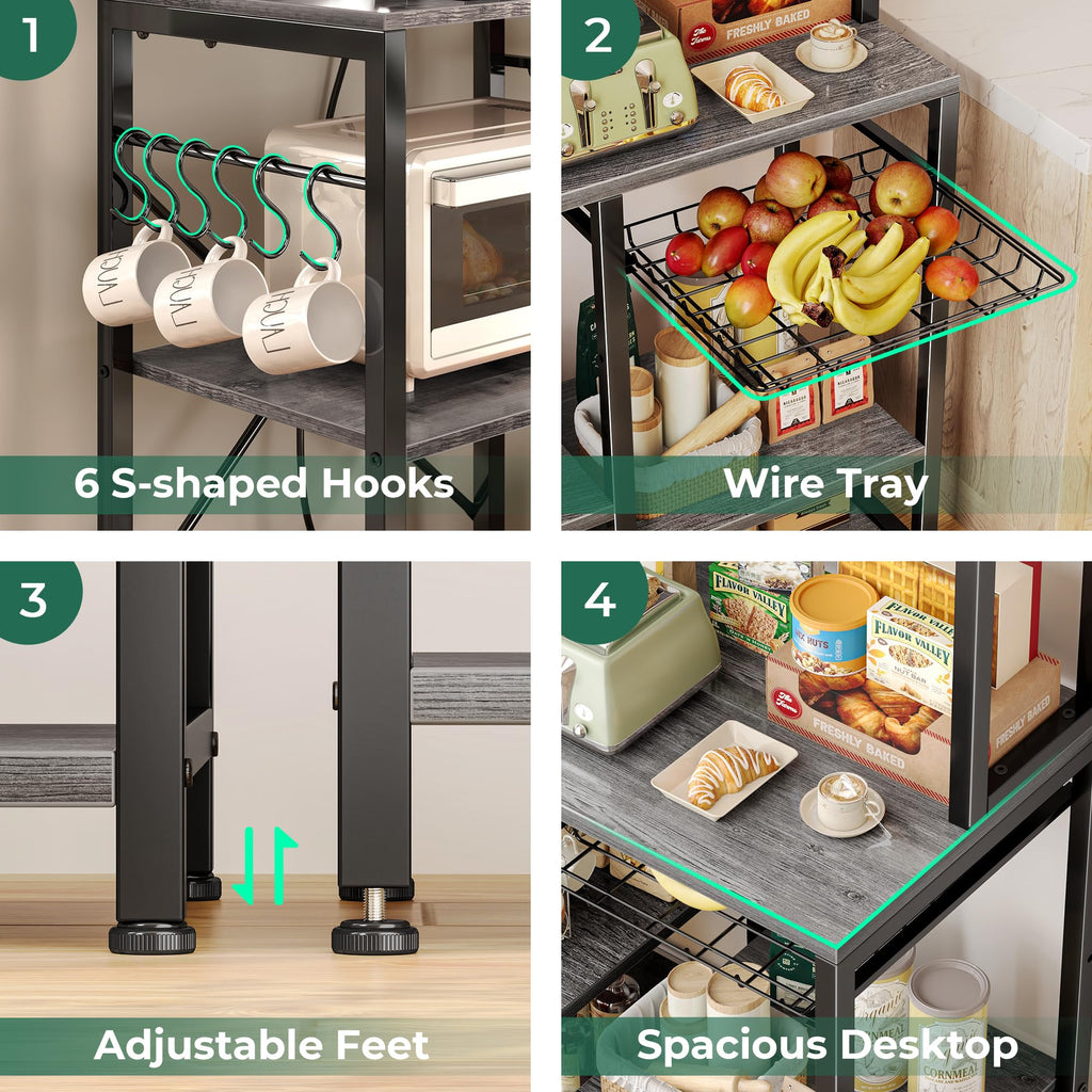 SUPERJARE Bakers Rack with Power Outlet, 35.4 Inches Coffee Bar with Wire Basket, Kitchen Microwave Stand with 6 S-Shaped Hooks, Open Storage Shelves, Black
