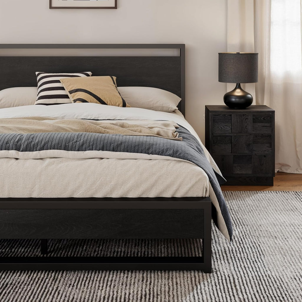 SHA CERLIN Full Size Bed Frame with Wooden Headboard,Heavy Duty Metal Slats Support Platform,No Box Spring Needed,Modern Black