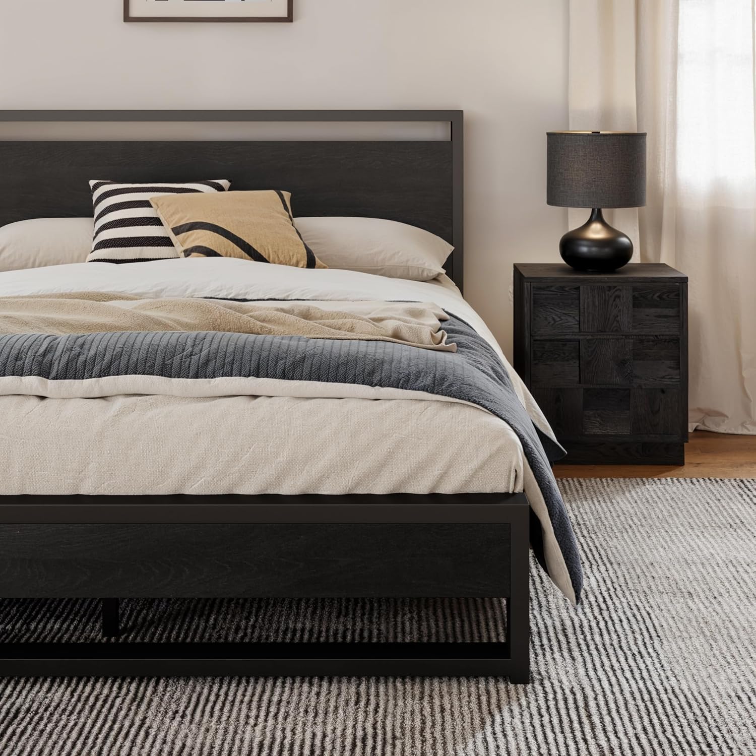 SHA CERLIN Full Size Bed Frame with Wooden Headboard,Heavy Duty Metal Slats Support Platform,No Box Spring Needed,Modern Black
