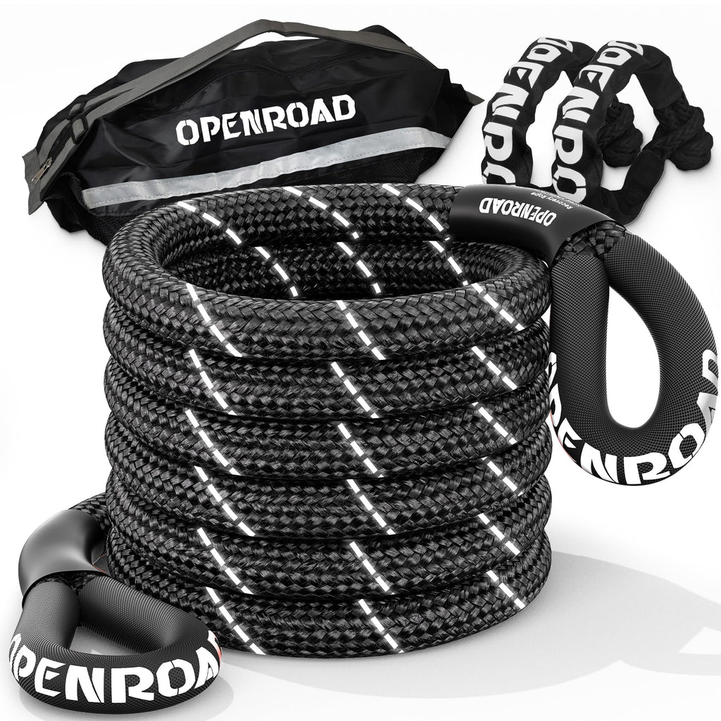 OPENROAD Kinetic Recovery Tow Rope, 4800 LBS (1in x 30ft with Soft Shackle) Extreme Duty 35% Elasticity Energy Offroad Snatch Strap, Vehicle Recovery Kit for Jeep Car Truck ATV UTV SUV