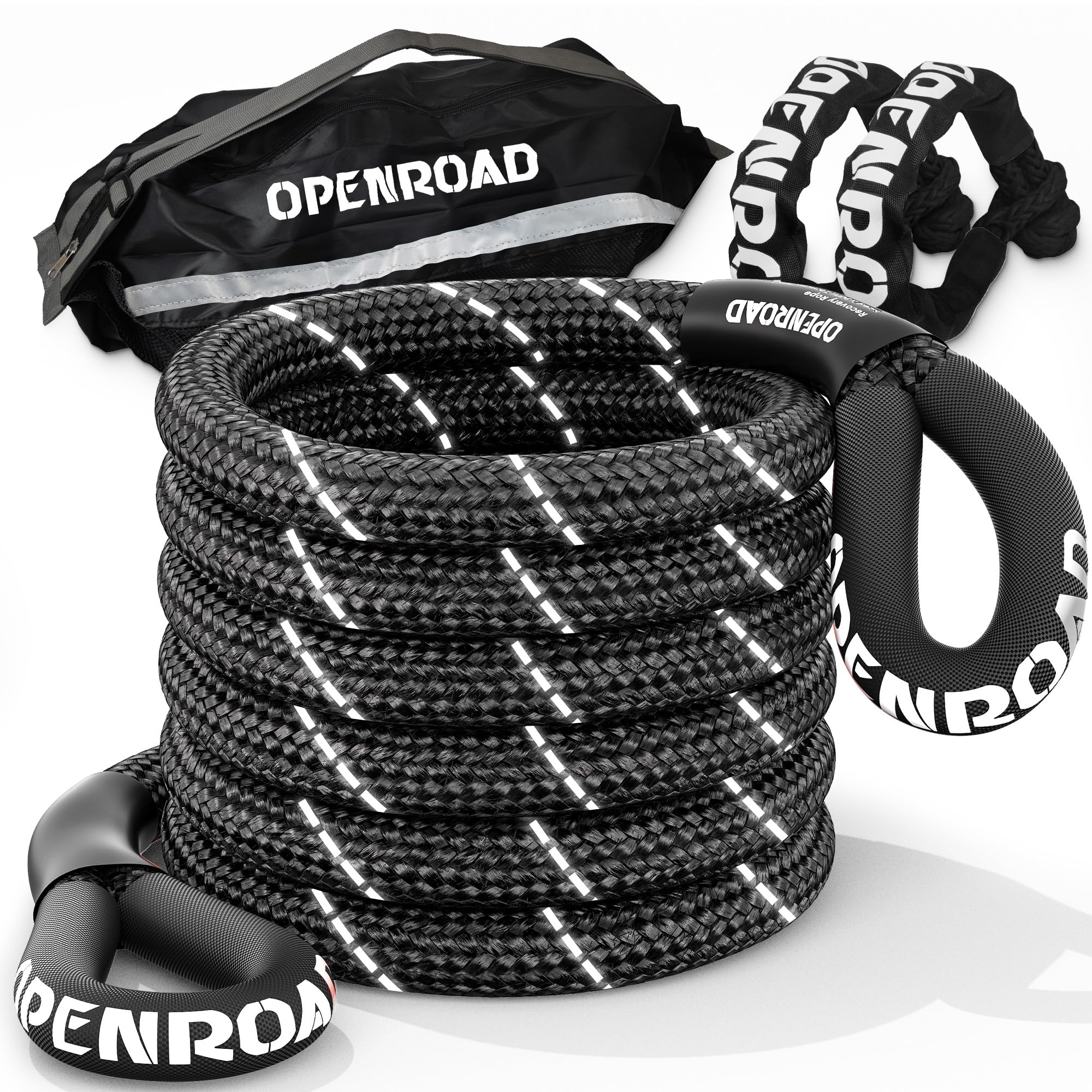 OPENROAD Kinetic Recovery Tow Rope, 4800 LBS (1in x 30ft with Soft Shackle) Extreme Duty 35% Elasticity Energy Offroad Snatch Strap, Vehicle Recovery Kit for Jeep Car Truck ATV UTV SUV