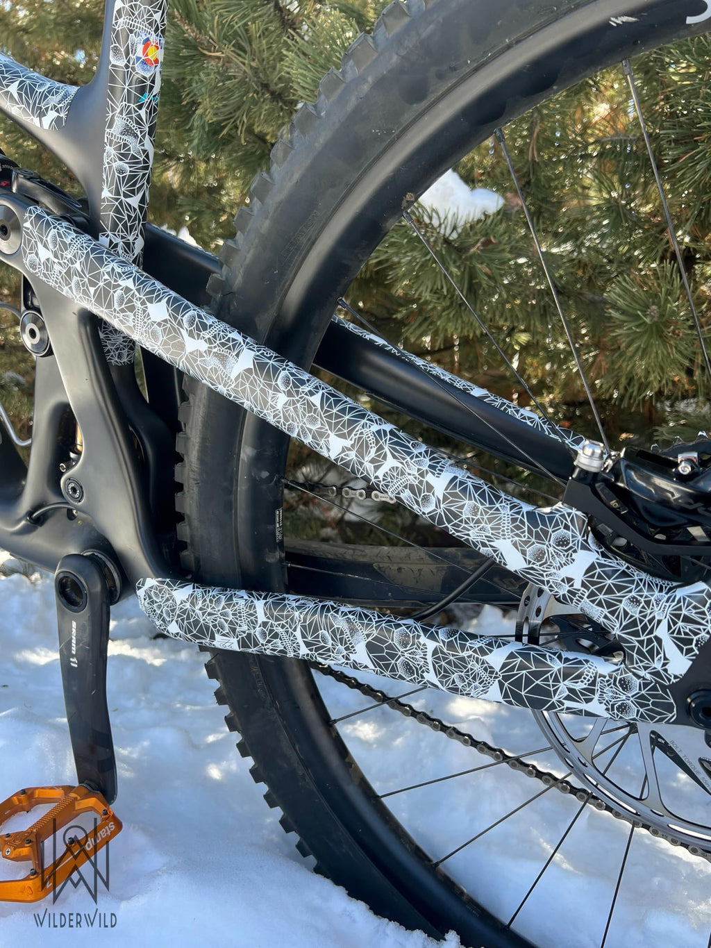 Bike Frame Protection Tape- High Impact Clear Vinyl Wrap Includes Tool (4”x72) Bicycle Frame Protector, Mountain Bike Frame Guard Chainstay Protector (Art Deco)