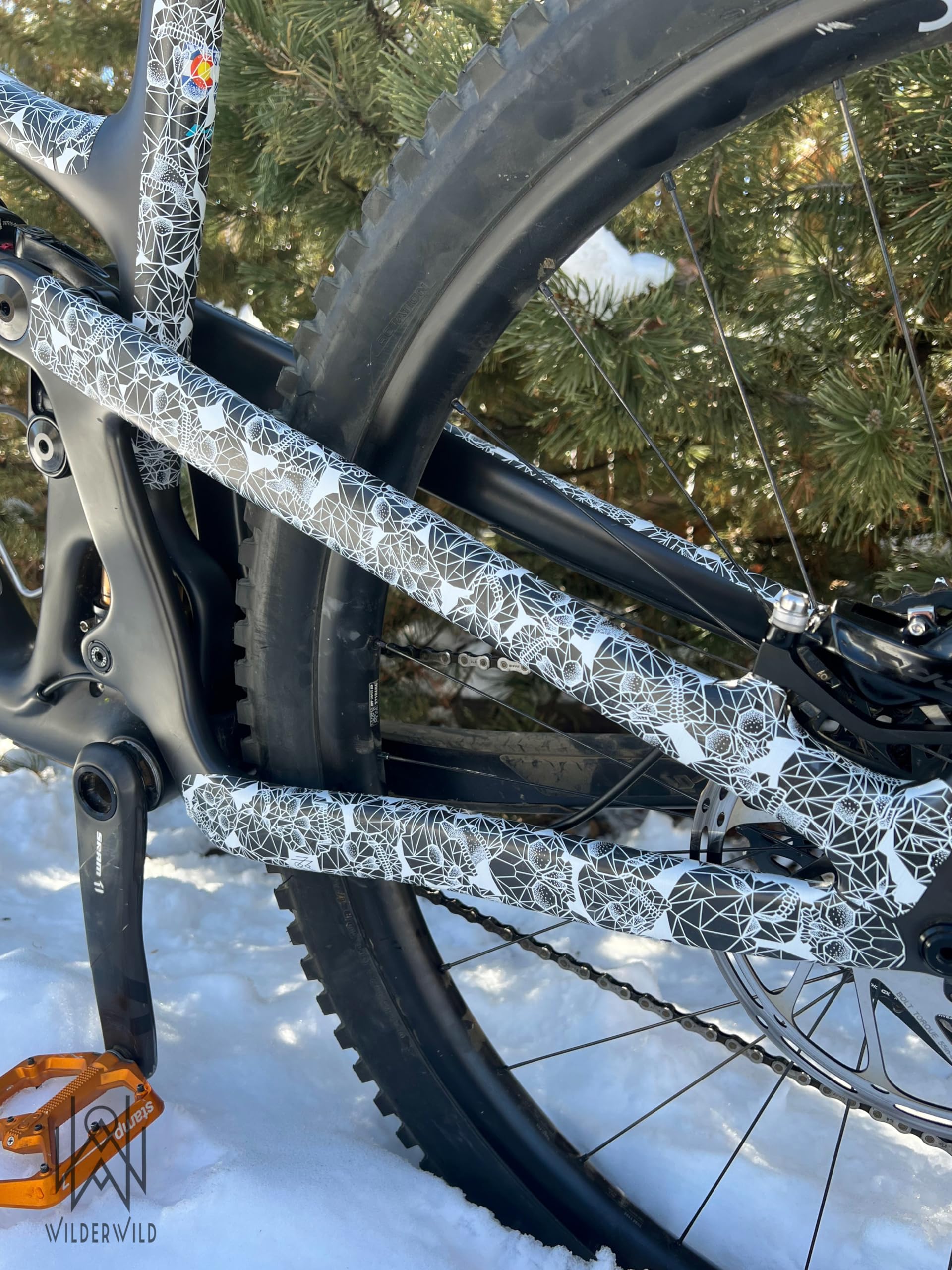Bike Frame Protection Tape- High Impact Clear Vinyl Wrap Includes Tool (4”x72) Bicycle Frame Protector, Mountain Bike Frame Guard Chainstay Protector (Art Deco)