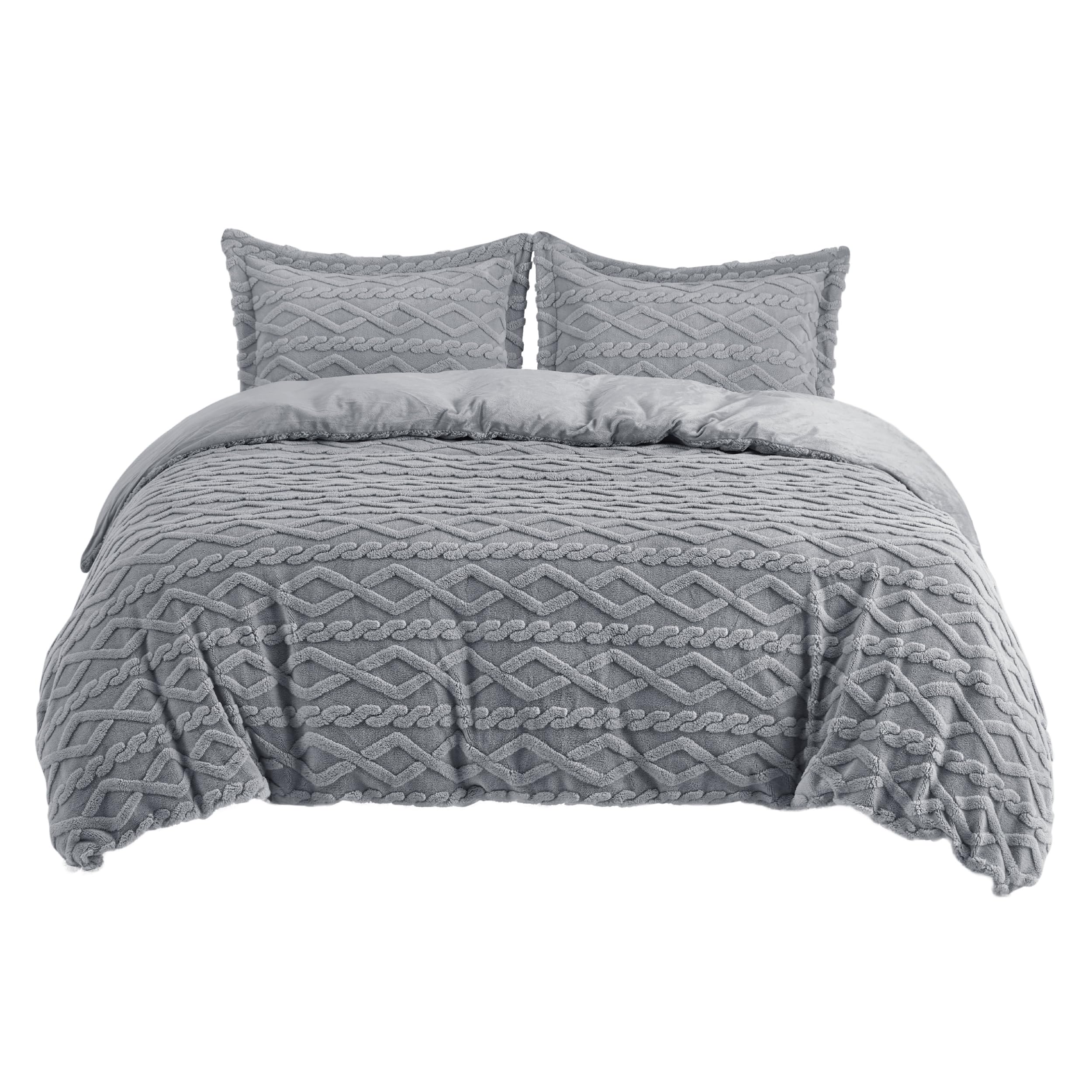 Bedsure Fluffy Flannel Duvet Cover Set - Faux Fur Comforter Cover Queen Size, Gray Warm Plush Bedding for Winter, 3-Piece Set with Zipper Closure (90"x90") and 2 Pillow Shams
