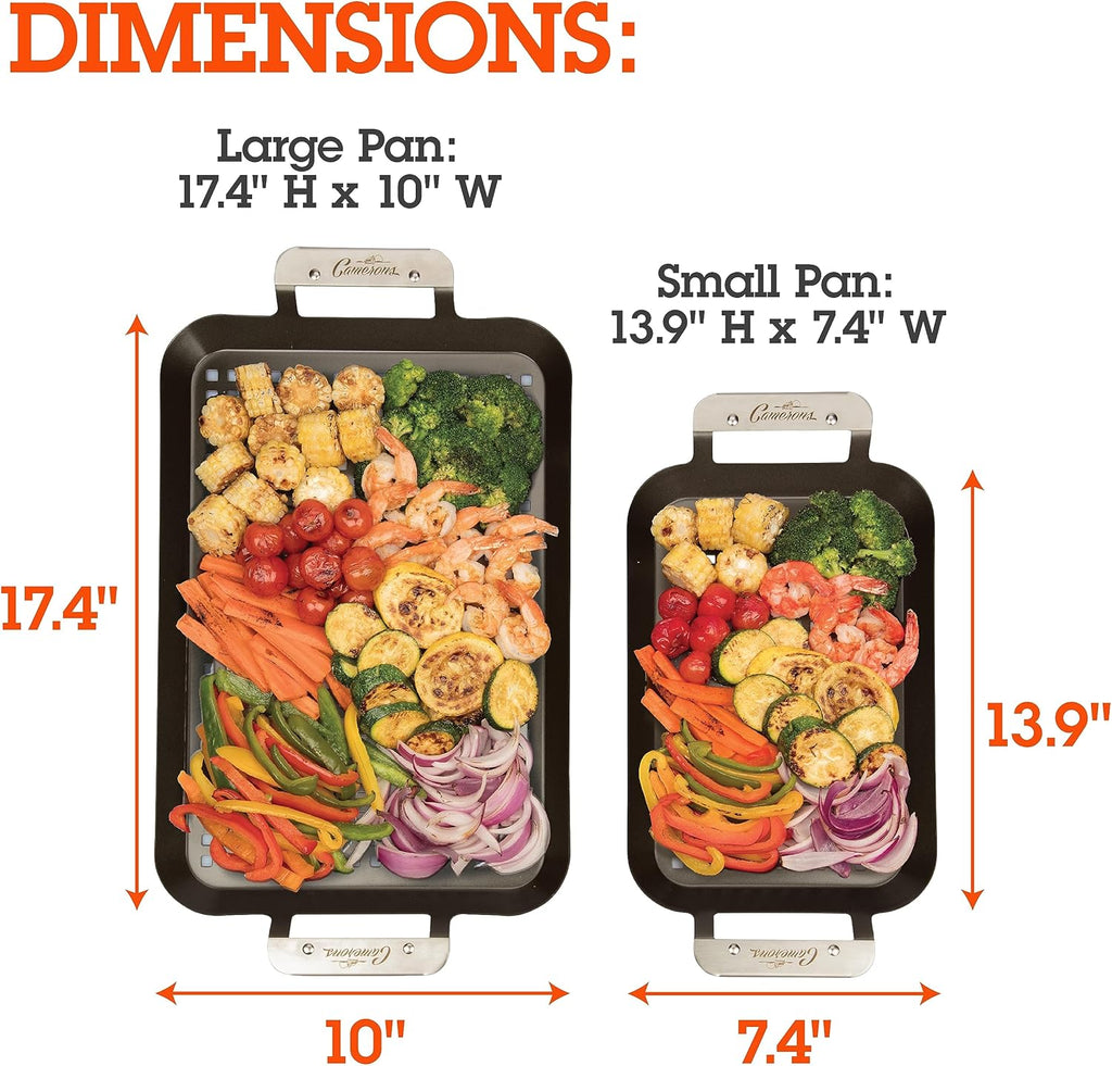 Camerons BBQ Grill Topper Grilling Pans (Set of 2)- Non-Stick Barbecue Trays w Stainless Steel Handles - Indoor Outdoor use for Barbecue & Smoked Meat, Vegetables & Seafood- Grill Gift for Fathers Day