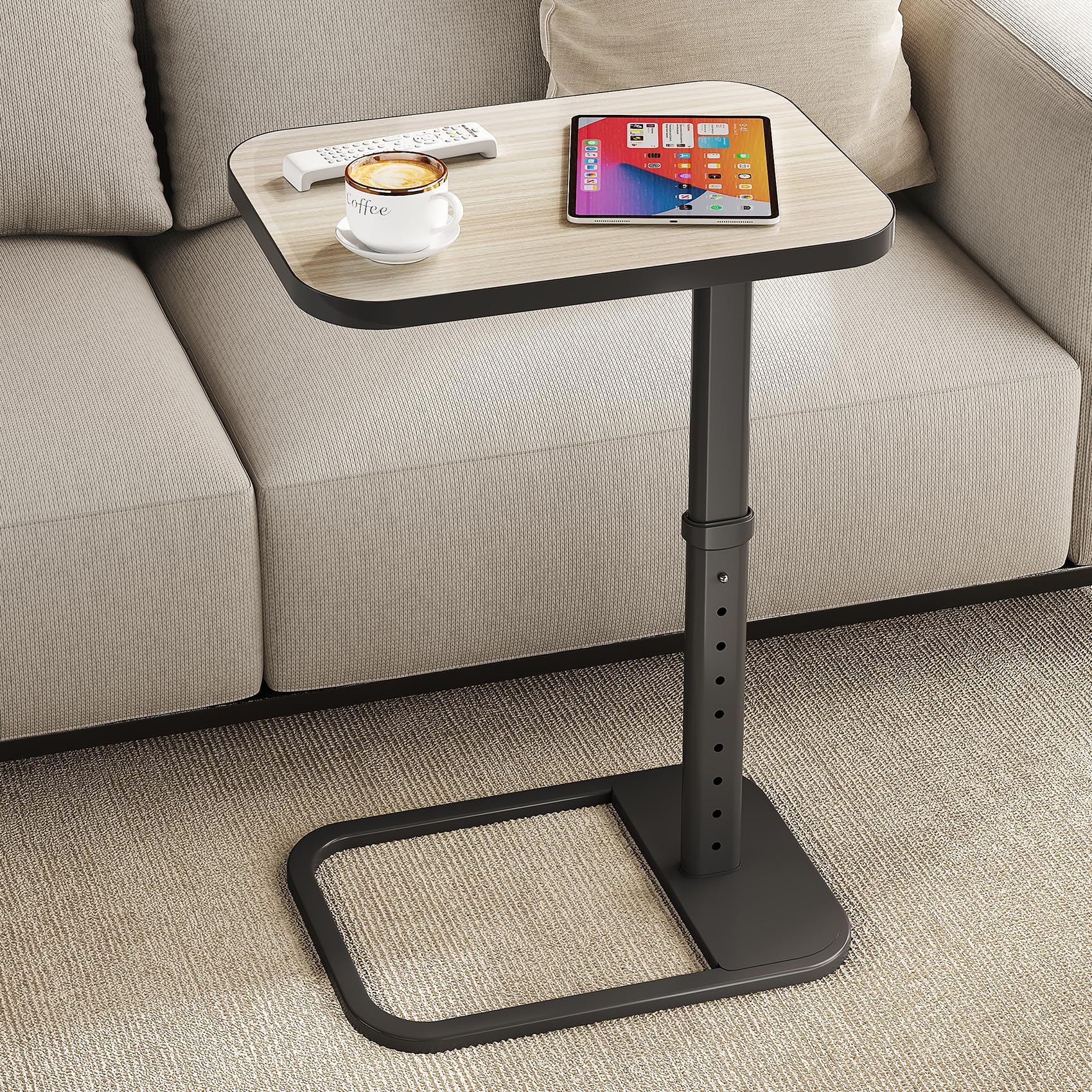 Kitstorack TV Tray Table, Adjustable Height & Rounded Metal Corners, Snack Table for Couch, Sofa, Bed, Chair, Living Room, C Shaped End Side Table for Eating, Dinner or Laptop, Small Spaces, Black