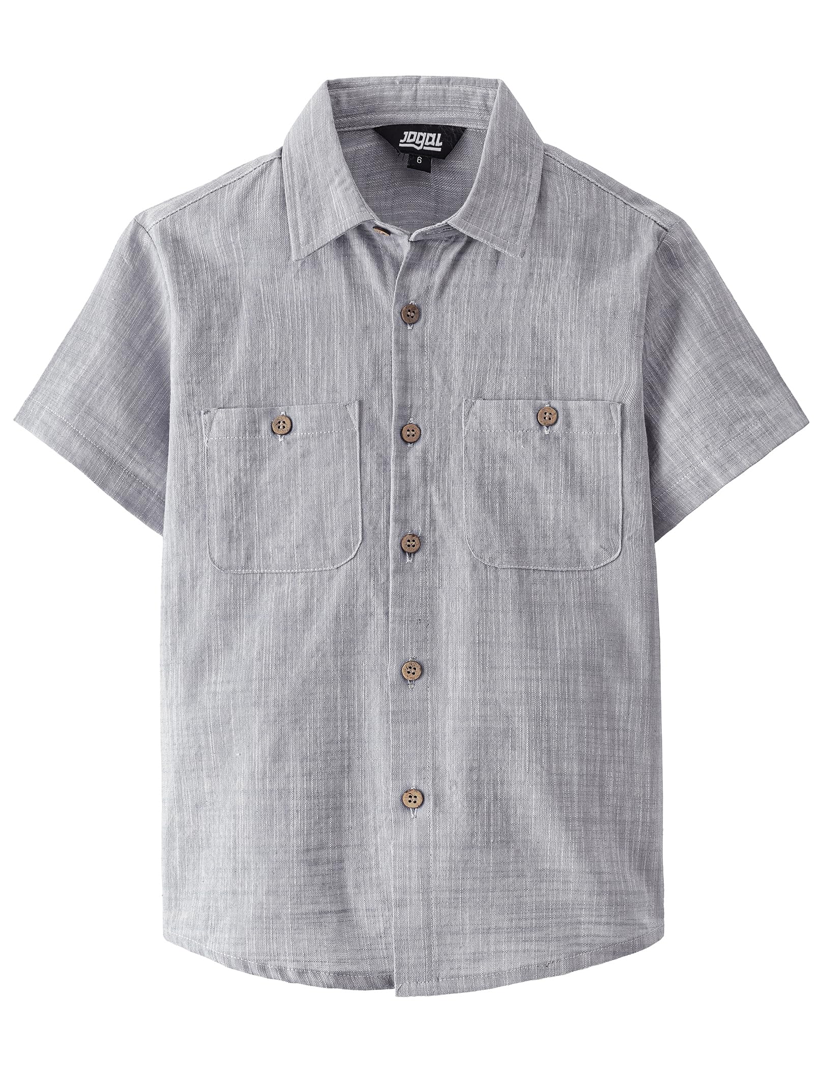 JOGAL Boys Chambray Shirts Short Sleeve Button Down Casual Cotton Woven Shirt with Two Pockets for Kids 6-14 Years