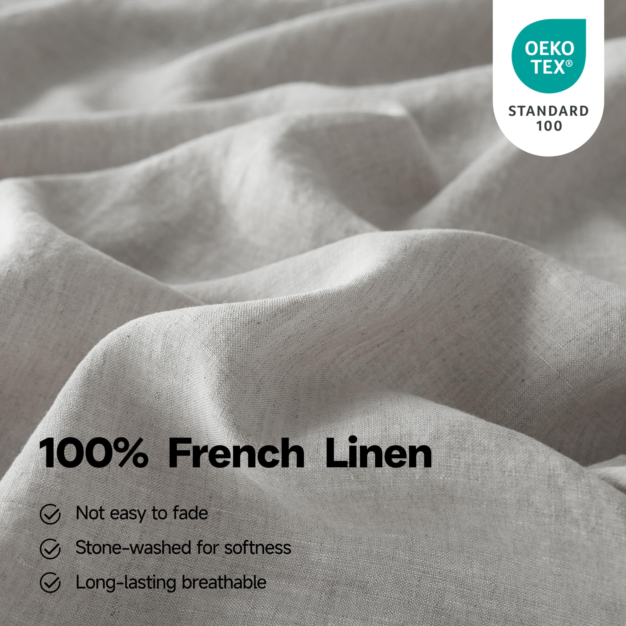 Simple&Opulence 100% Pure Linen Sheet Set Twin Size, Natural French Flax Solid Color 3 Pcs Washed Breathable, Farmhouse Bedding (1 Flat Sheet,1 Fitted Sheet,1 Pillowcase)-Embroidery Dark Grey