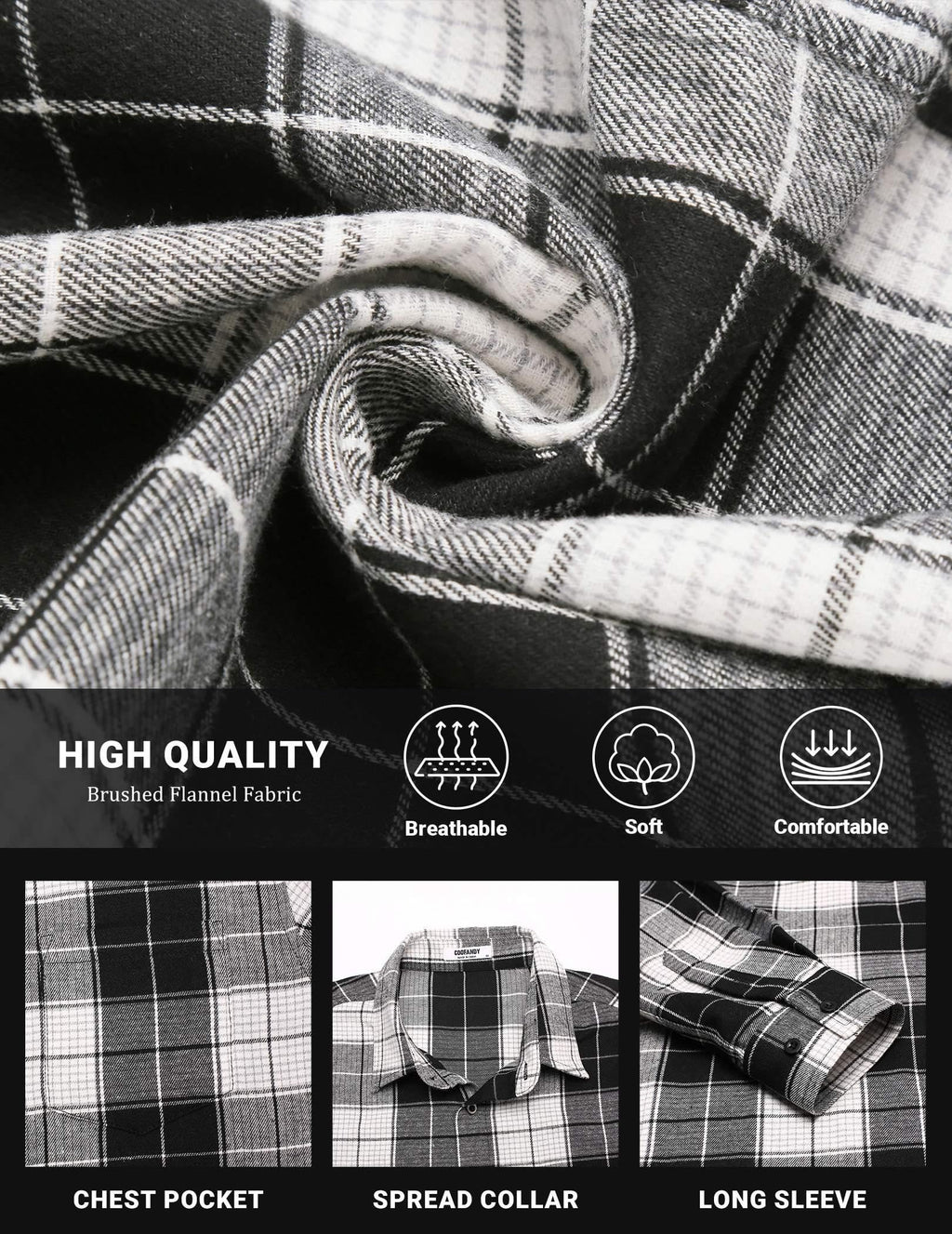 COOFANDY Mens Flannel Shirts Long Sleeve Button Down Shirt with Pocket Casual Shirts Work Shirts for Men