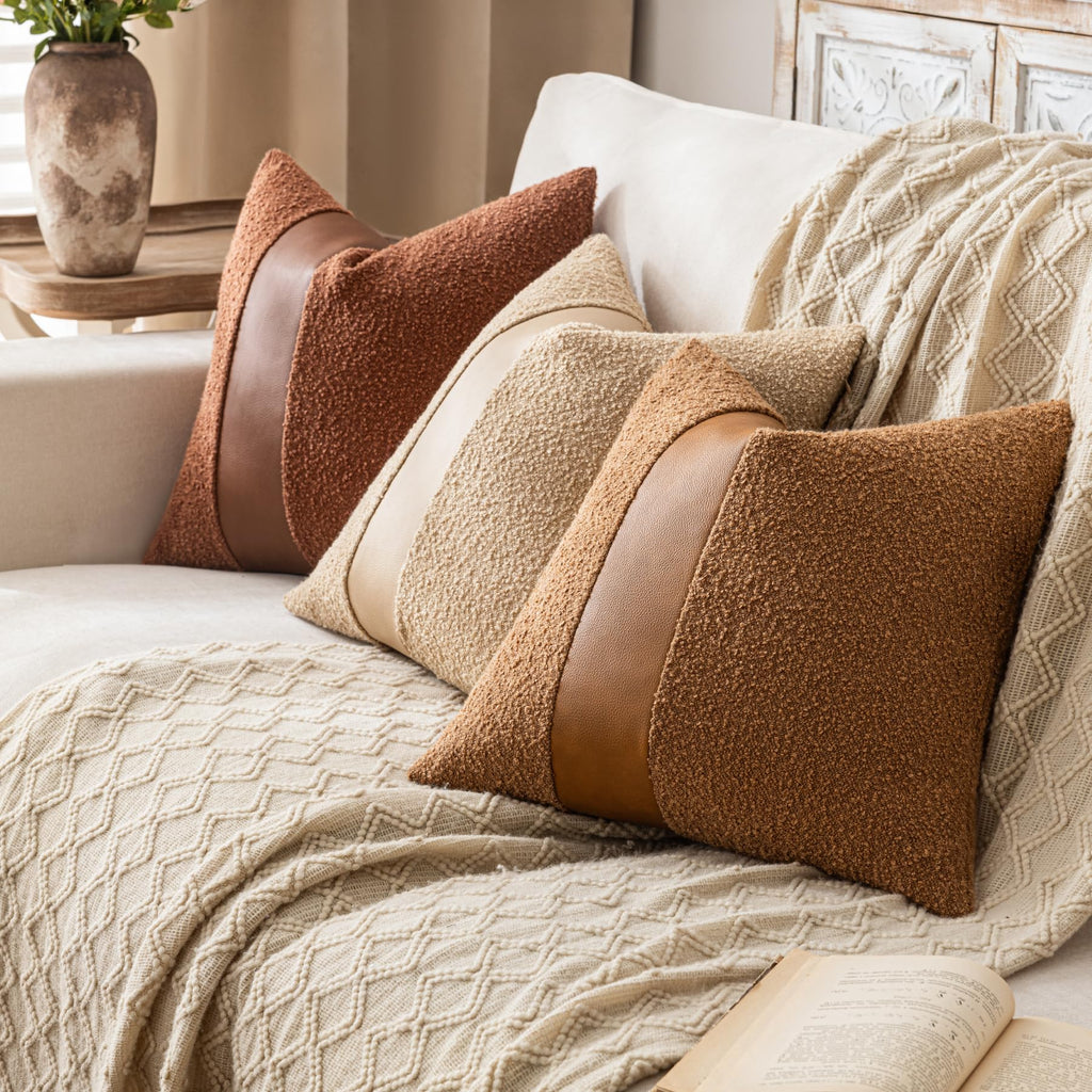 18"x18" Charcoal Black Boucle Throw Pillow Covers with Faux Leather Accents Set of 2 Fluffy Textured Decorative Pillow Cases for Couch Bed Boho Farmhouse Square Cushion Covers for Nordic Home