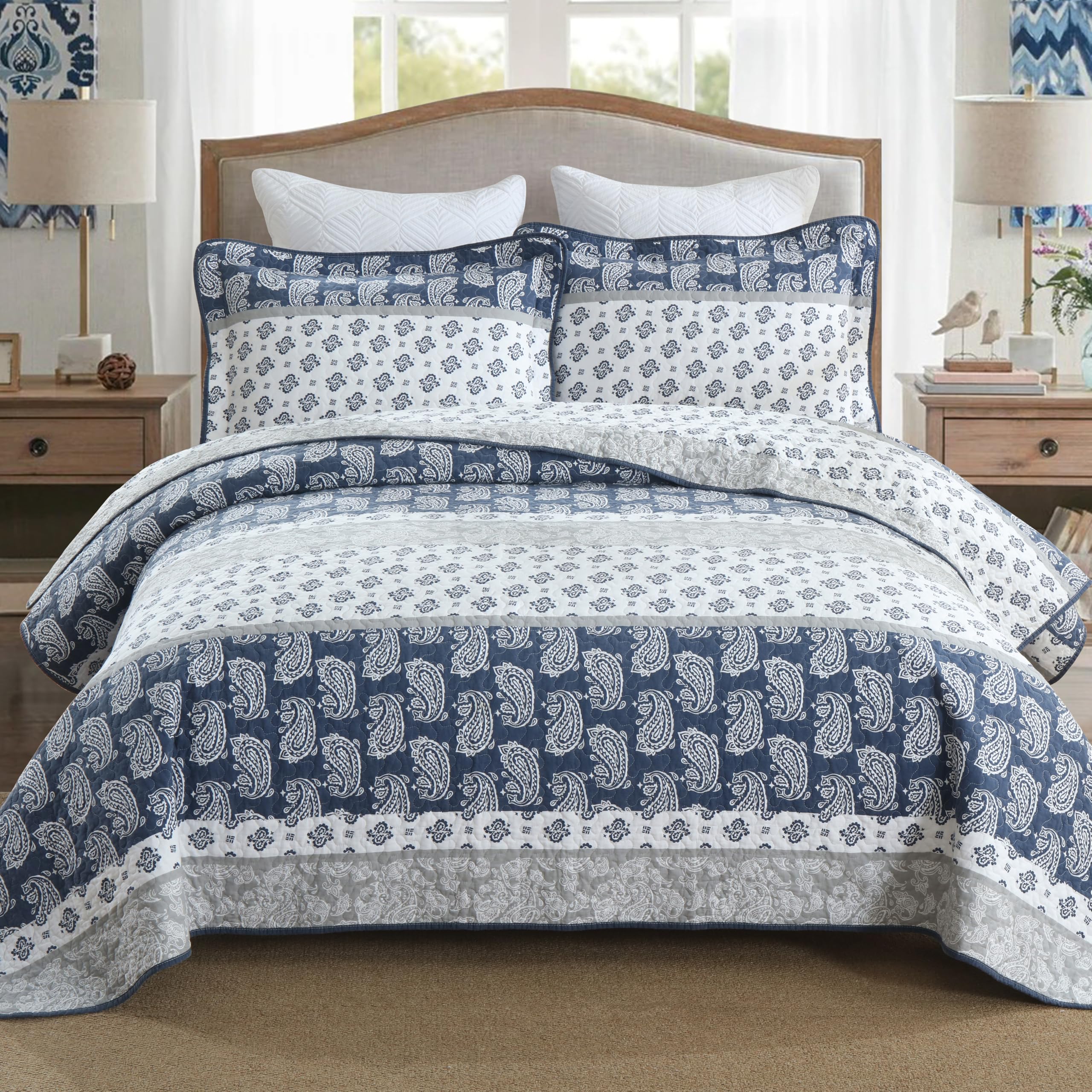 Yellow Quilts Queen Size, Paisley Comforter Set Queen Cotton Bed, Yellow Grey White Comforter, Striped Bedding Queen Size, Lightweight Luxury Bedspread,3 Piece