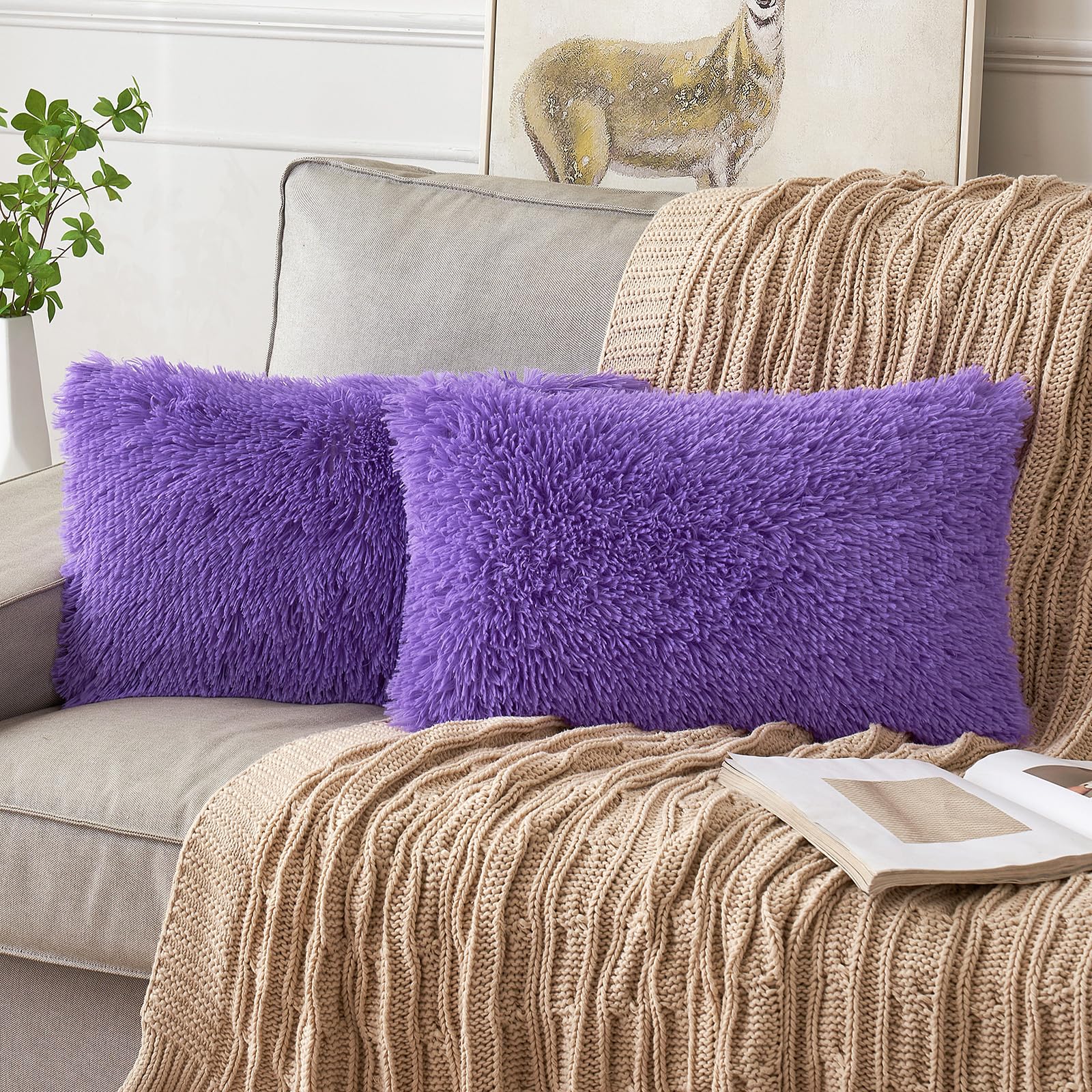 ANRODUO Pack of 2 Baby Pink Throw Pillow Covers Luxury Fluffy Pillows Faux Fur Decorative Pillows Plush Cushion Case Fuzzy Mongolian Merin Style for Bed Couch Sofa Living Room Summer Decor 16x16 Inch