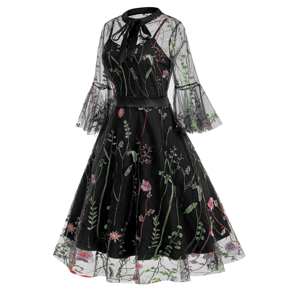 Women Mesh Floral Embroidery Vintage Cocktail Swing Dress Illusion 50s Goth Flared A line Casual Wedding Prom Evening Dress