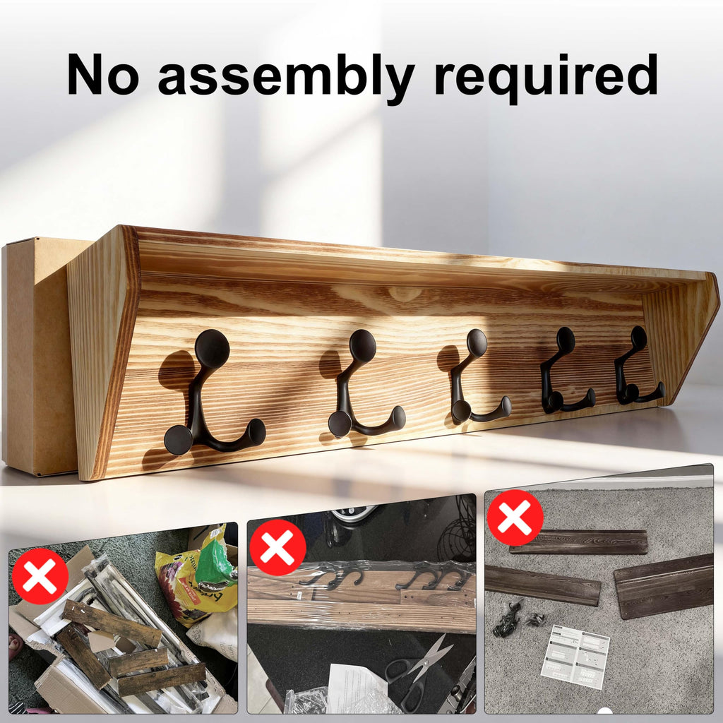 SKOLOO Wall Shelf with Hooks, 24-Inch Cherry Coat Rack Wall Mount with Shelf Organizer - Heavy Duty, 4 Tri Hooks - Perfect for Entryway, Hallway, Living Room, Bedroom, Mudroom