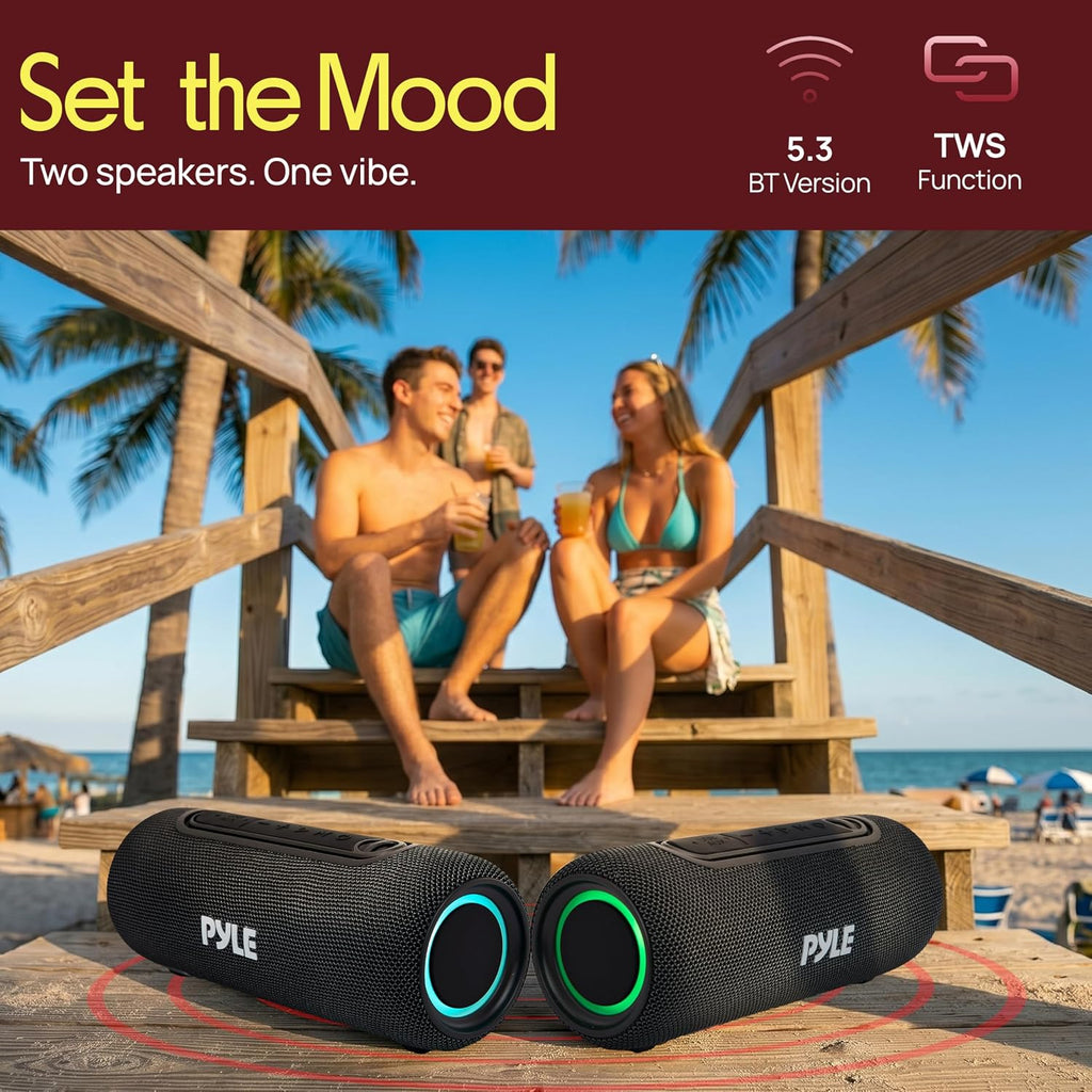 Pyle Portable Bluetooth Speaker - IPX5 Waterproof, Multi-Color LED, TWS Stereo Pairing, USB/AUX/FM, 20W Peak Power, 5H Battery, Built-In Mic, Shockproof ABS Design - Outdoor, Travel, Home - PBTPSP20BK