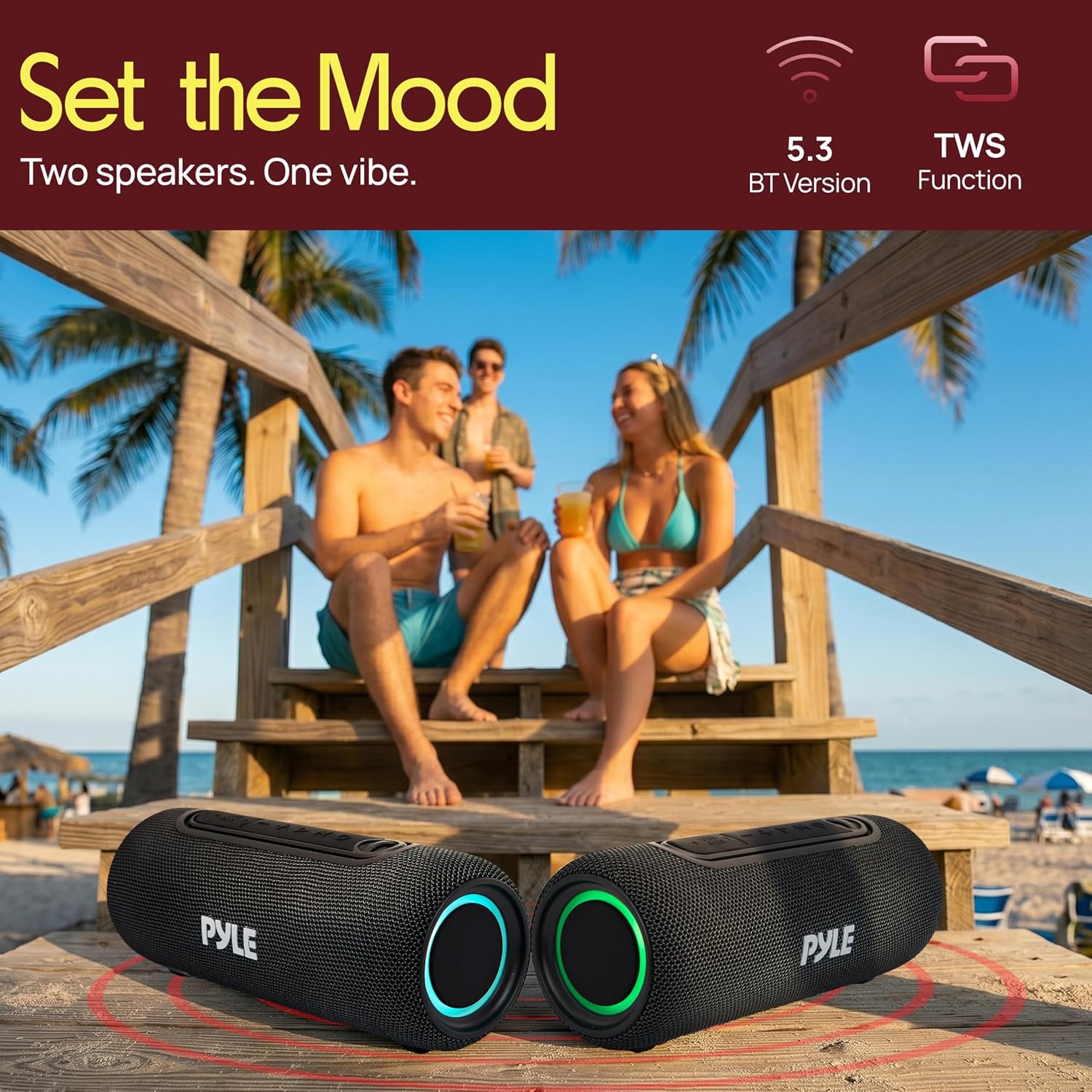 Pyle Portable Bluetooth Speaker - IPX5 Waterproof, Multi-Color LED, TWS Stereo Pairing, USB/AUX/FM, 20W Peak Power, 5H Battery, Built-In Mic, Shockproof ABS Design - Outdoor, Travel, Home - PBTPSP20BK