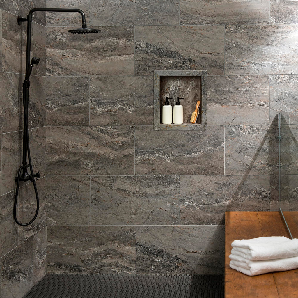 Palisade 17.5 in x 15.5 in Vinyl Shower Niche Ashen Slate | Waterproof Shower Insert