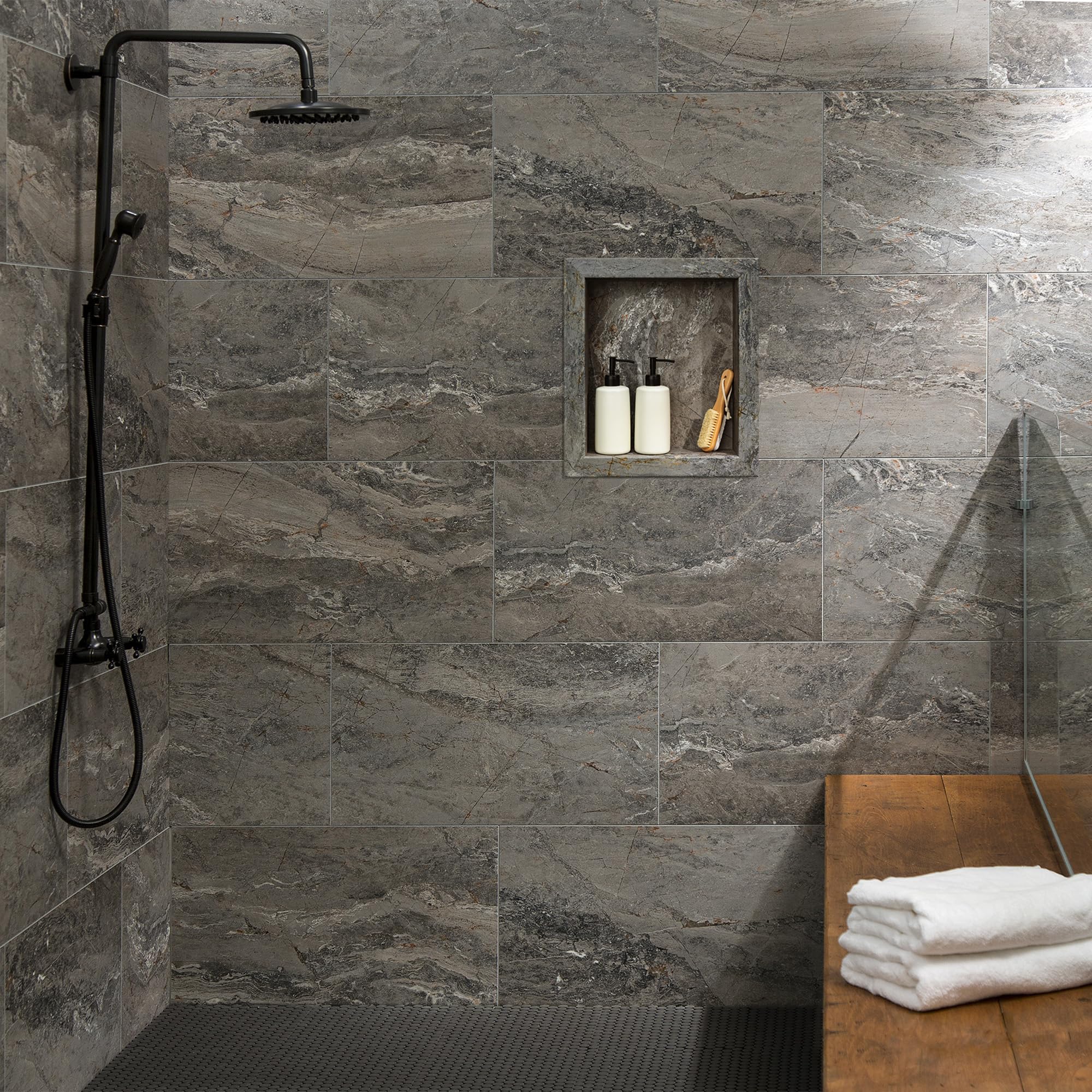 Palisade 17.5 in x 15.5 in Vinyl Shower Niche Ashen Slate | Waterproof Shower Insert
