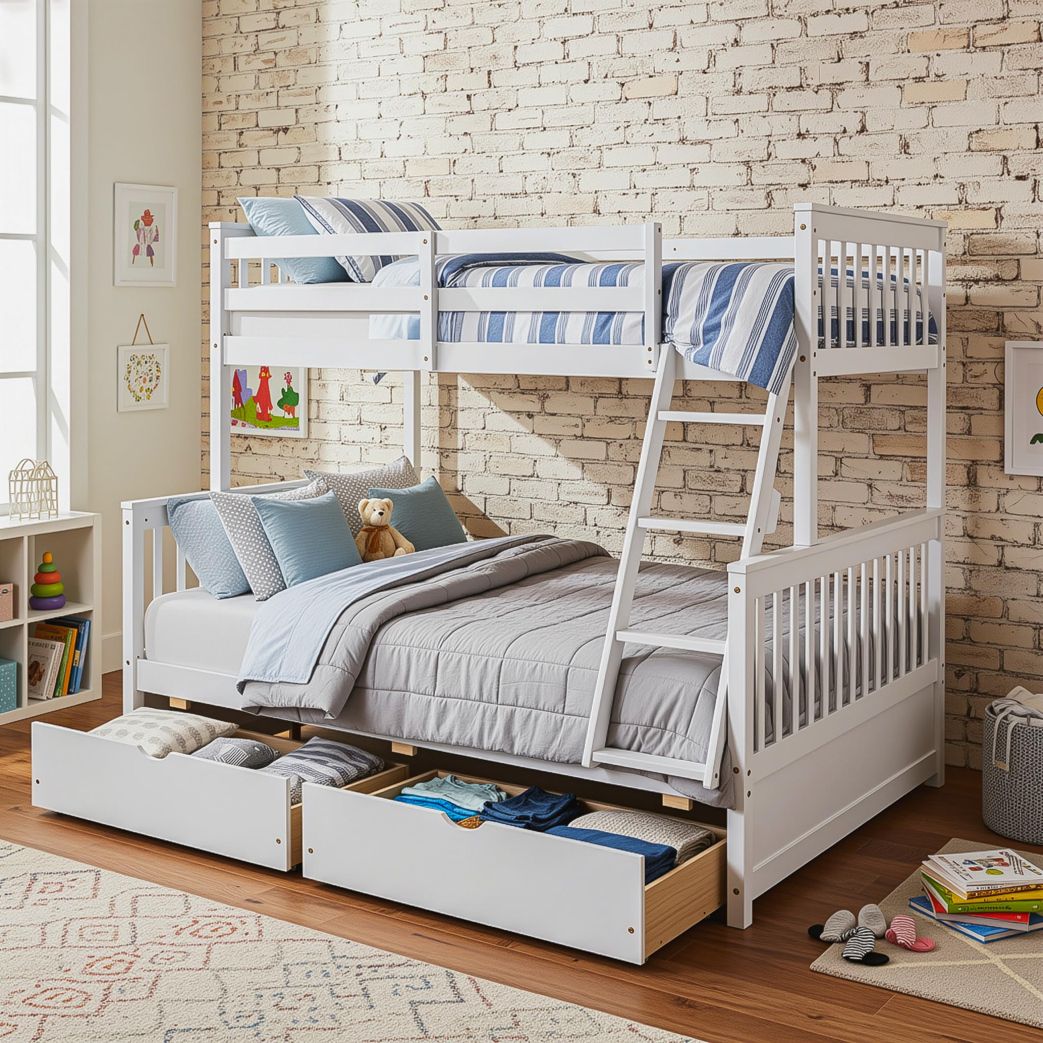 Merax Wood Bunk Bed with Two Drawers,Convertible Wood Bunk Bed with Ladders and Two Storage Drawers,Solid Wood Detachable Bed Frame with Ladders, Twin Over Full Size, Espresso