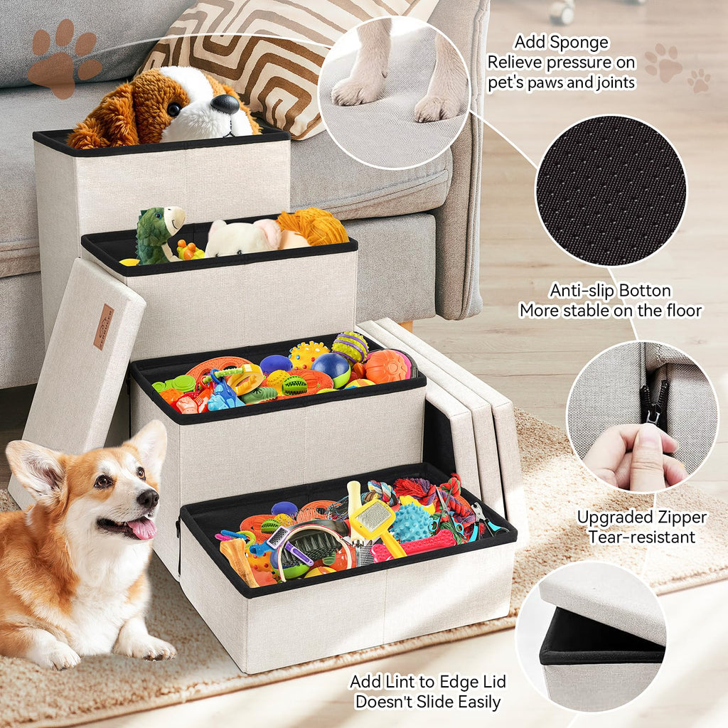 Zerbuger Dog Stairs with Condo 15" H, 2-Step Wider Dog Steps for Small/Medium/Large Old Dogs Cats, Folding Sturdy Storage Pet Stairs Climbing Bed Couch, Ramp for Car Hold Up to 150 lbs, Beige