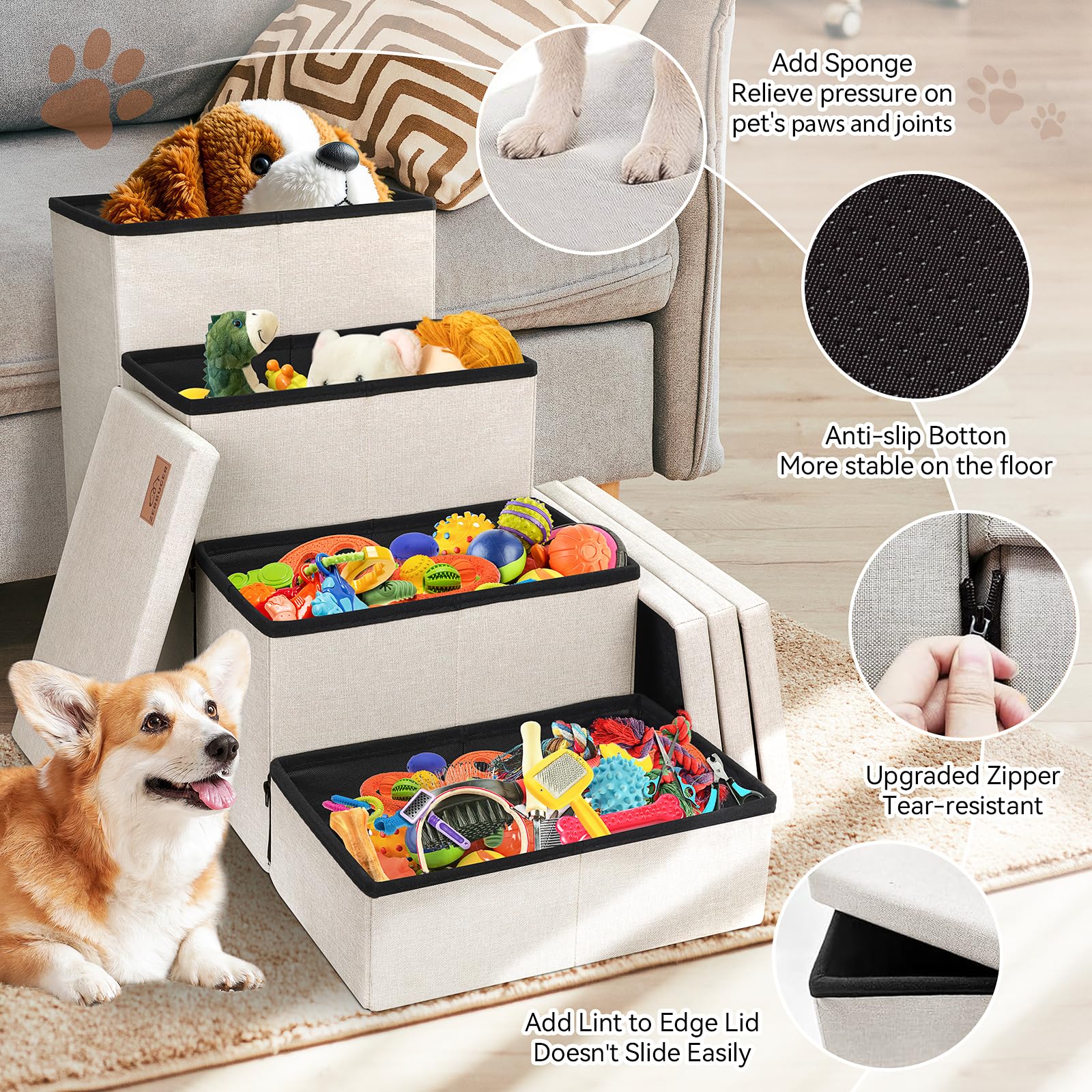 Zerbuger Dog Stairs with Condo 15" H, 2-Step Wider Dog Steps for Small/Medium/Large Old Dogs Cats, Folding Sturdy Storage Pet Stairs Climbing Bed Couch, Ramp for Car Hold Up to 150 lbs, Beige