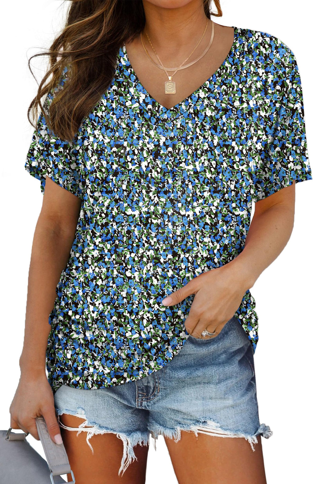 WIHOLL Womens Summer T-Shirts Short Sleeve V Neck Dolman Tops with Side Shirring Loose Fit Shirts Spring Fashion