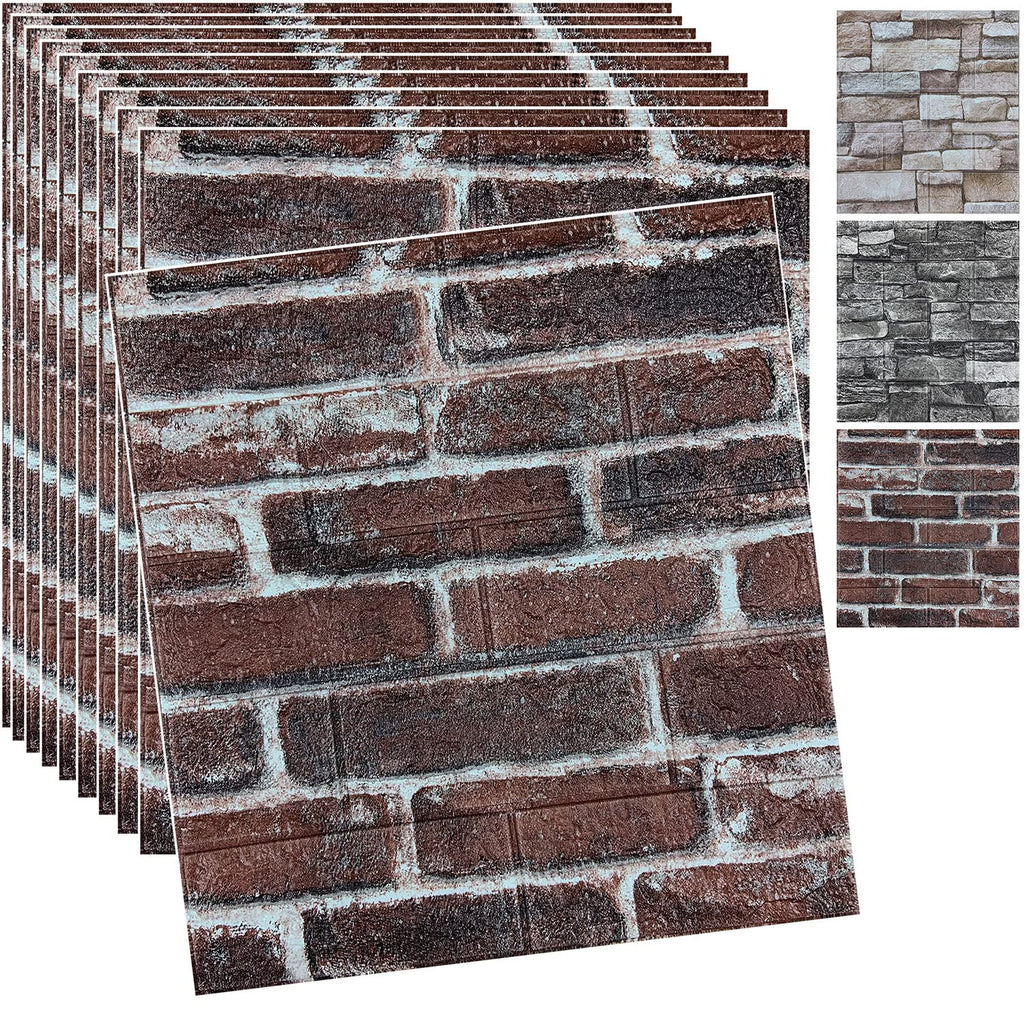 10PCS 3D Wall Panels Peel and Stick 3D Brick Wallpaper Peel and Stick Faux Stone Wall Panel Foam Brick Self-Adhesive Wallpaper (Black,10pcs)