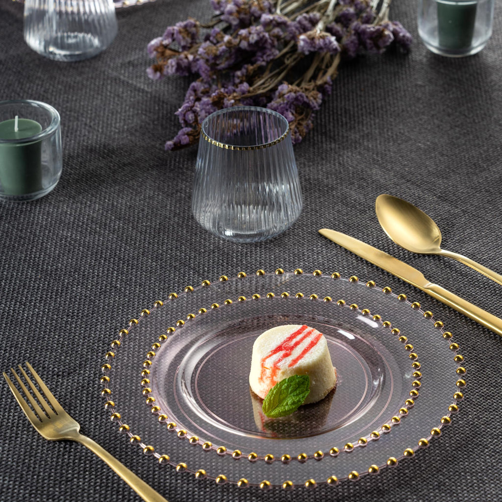 PLASTICPRO 32 Piece Combo Plastic Dinner Plates Disposable Plastic Fancy Heavy Duty Party Dishes 7 inch and 10 inch, Black and Gold Beaded