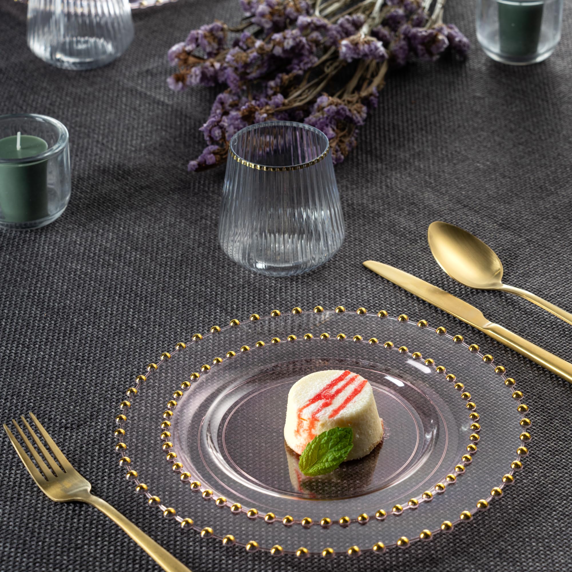 PLASTICPRO 32 Piece Combo Plastic Dinner Plates Disposable Plastic Fancy Heavy Duty Party Dishes 7 inch and 10 inch, Black and Gold Beaded