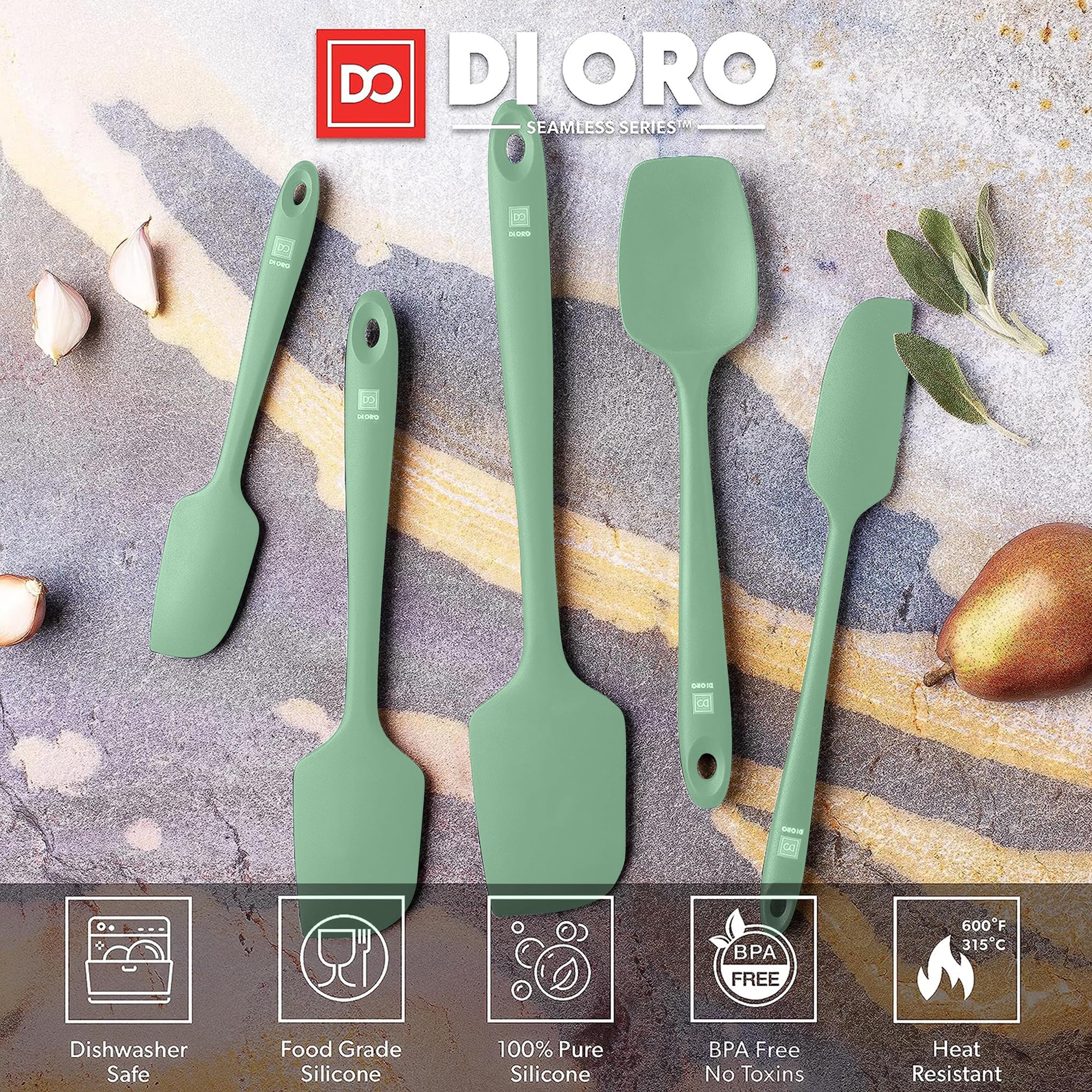 DI ORO Silicone Spatula Set - Rubber Kitchen Spatulas for Baking, Cooking, & Mixing - 600°F Heat-Resistant & BPA Free Silicone Scraper Spatulas for Nonstick Cookware - Dishwasher Safe (5pc, Black)