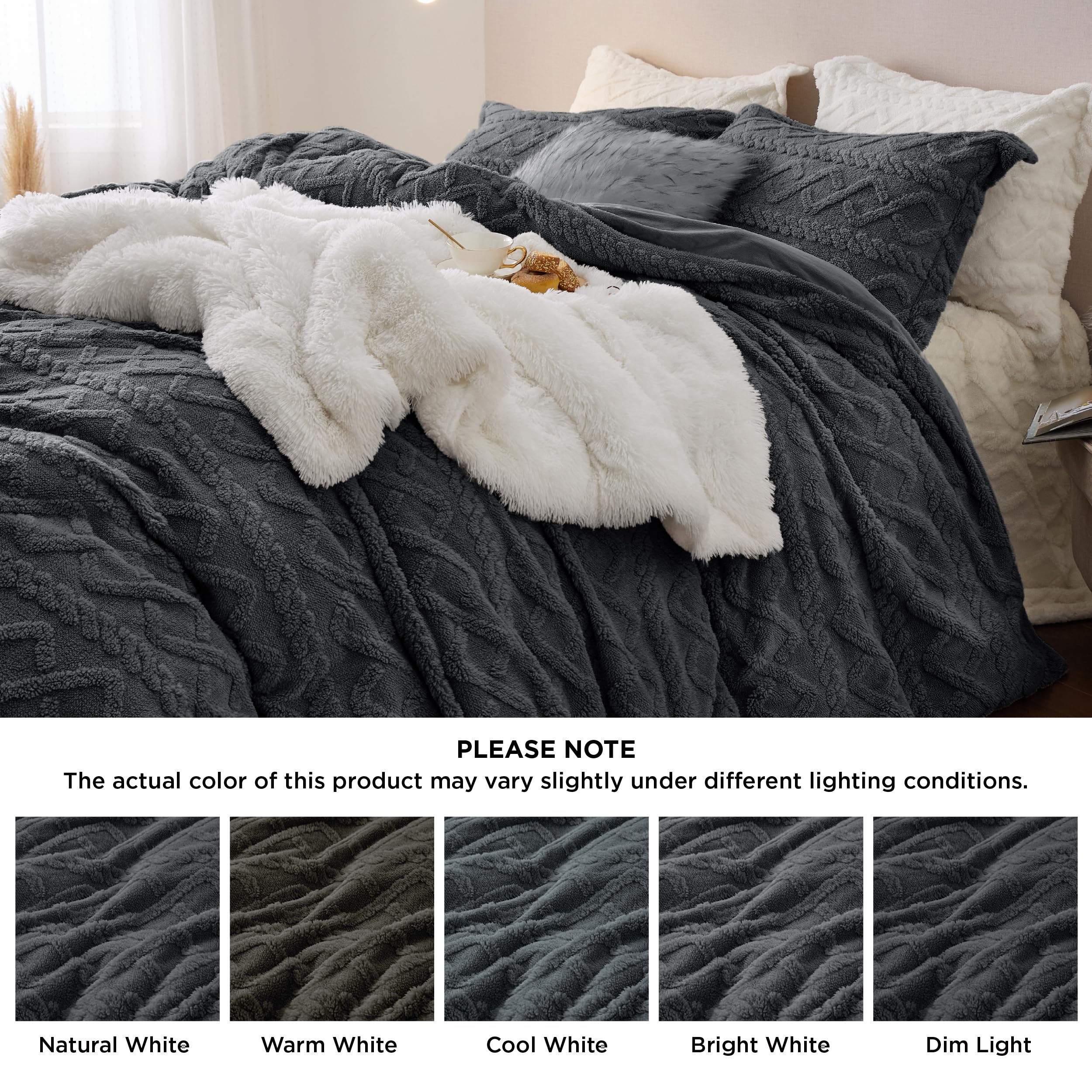 Bedsure Fluffy Flannel Duvet Cover Set - Faux Fur Comforter Cover Queen Size, Gray Warm Plush Bedding for Winter, 3-Piece Set with Zipper Closure (90"x90") and 2 Pillow Shams