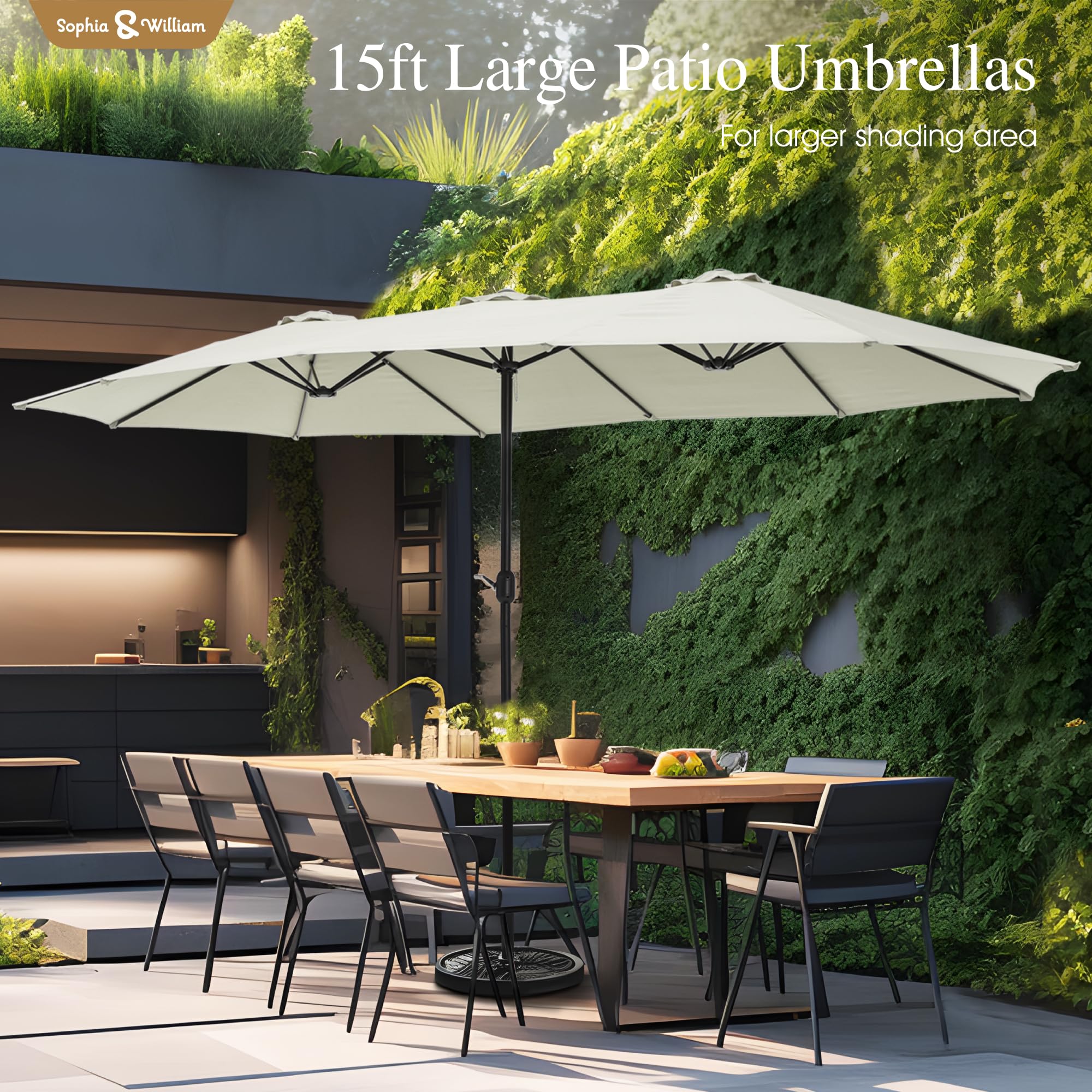 Sophia & William 15 ft Extra Large Patio Umbrella with Base Included, Rectangular Outdoor Umbrella Heavy Duty, Market Umbrella Double-sided Fade Resistant for Pool Garden Backyard, Beige