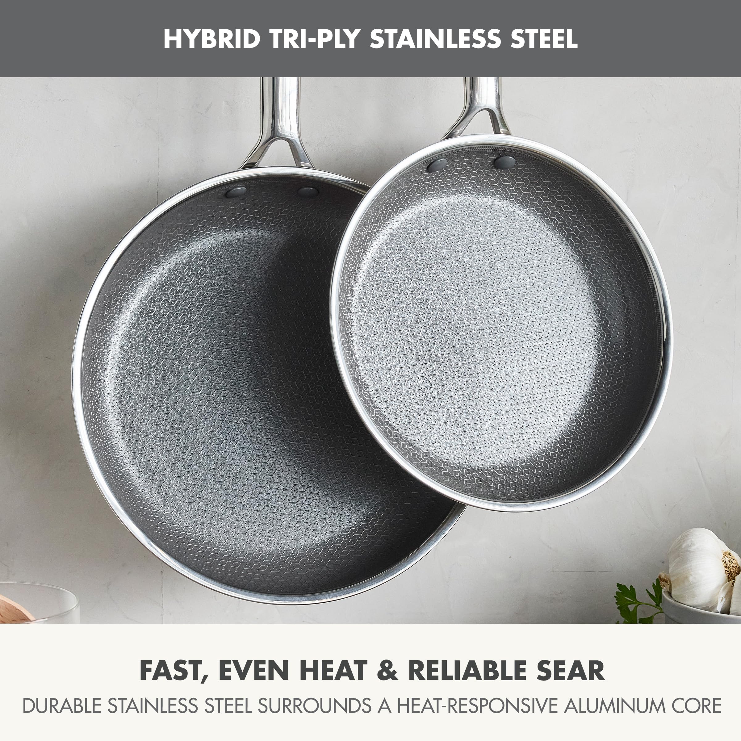 GreenPan Hybrid 9.5” & 11” Nonstick Stainless Steel Frying Pan Set, APEX Tri-Ply Thermobond PFAS-Free Ceramic Skillets, Induction & All Cooktop Compatible, Oven Temp to 850°F, Dishwasher Safe, Gold